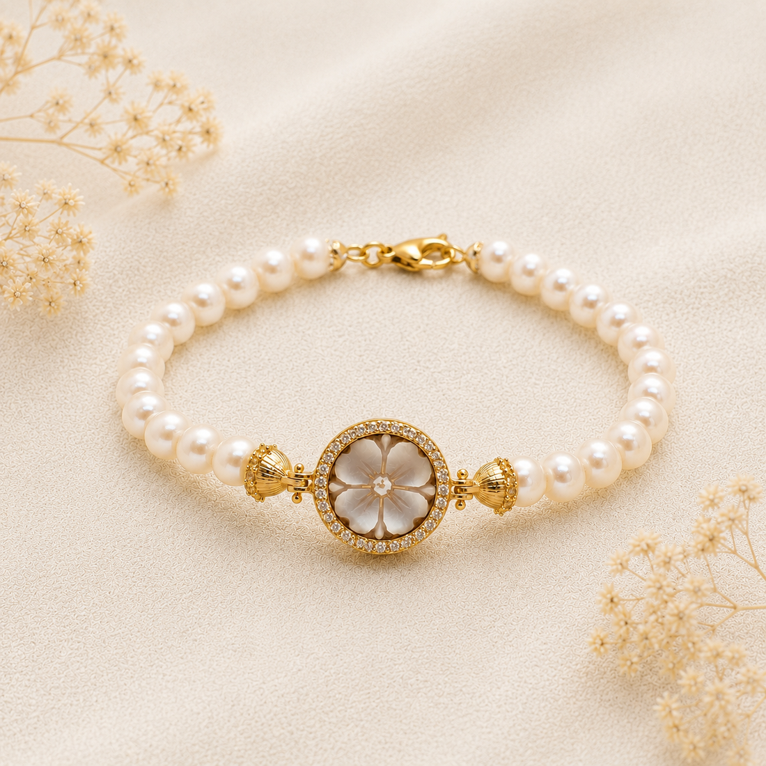 Bracciale Sorrento in Argento 925 placcato oro con cammeo Fiore quadrifoglio, perle naturali da 6 mm e contorno di zirconi