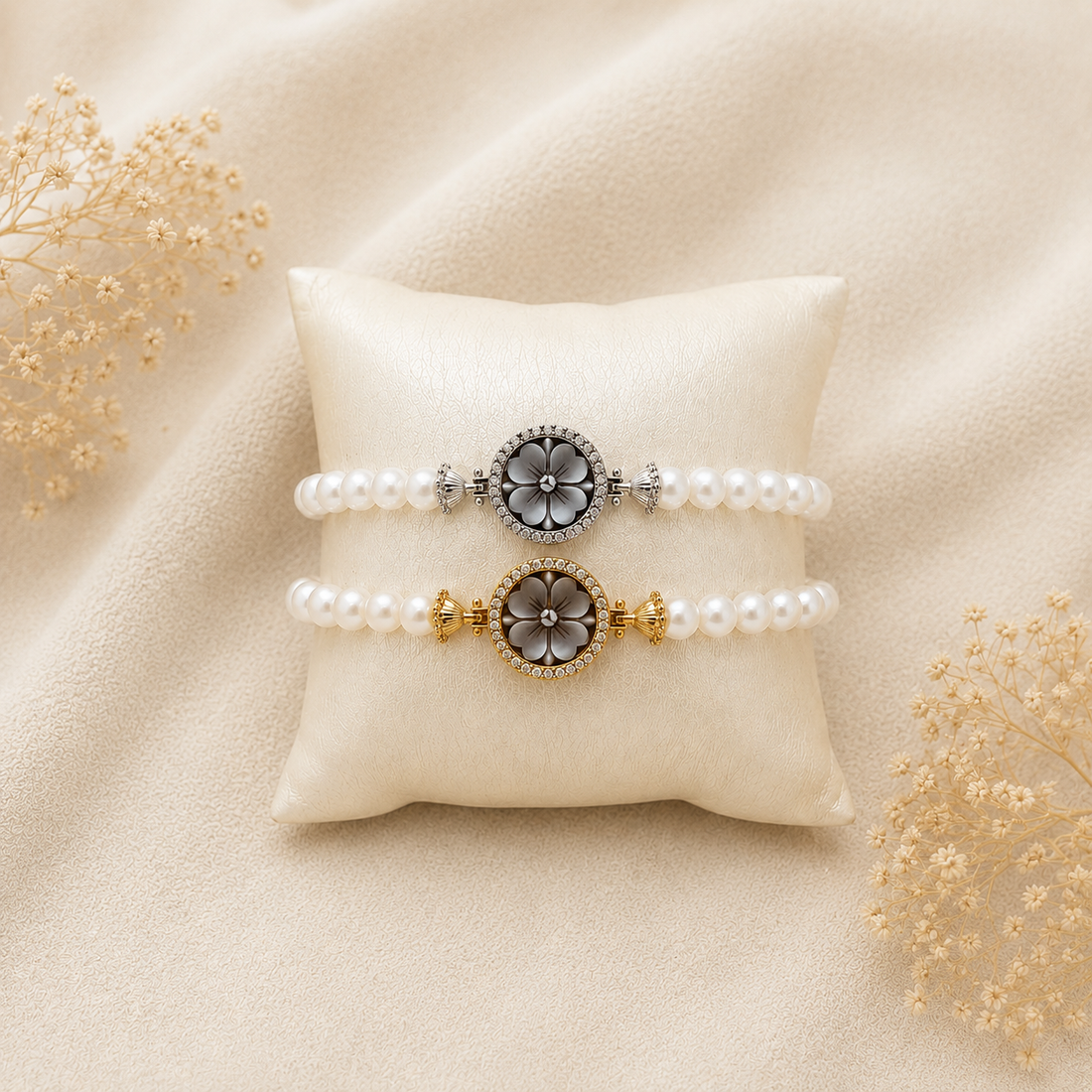 Bracciale Sorrento in Argento 925 con cammeo Fiore quadrifoglio, perle naturali da 6 mm e zirconi bianchi, disponibile in finitura placcata oro e rodiata