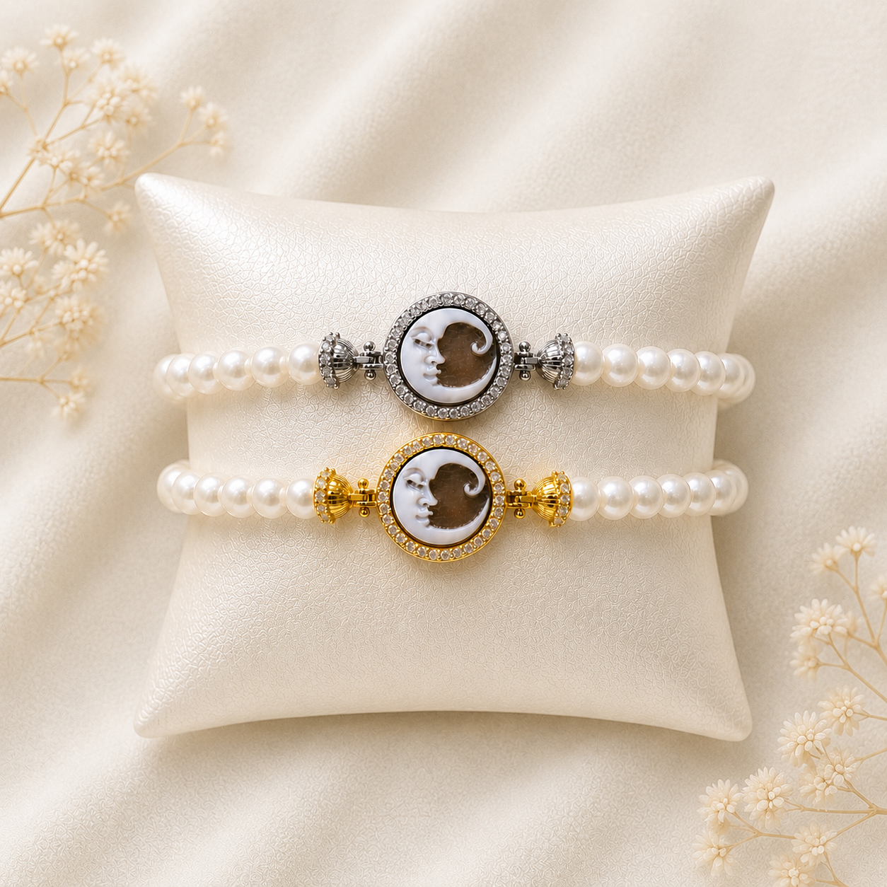 Bracciale Sorrento in Argento 925 con Cammeo Luna, perle naturali da 6 mm e zirconi bianchi disponibile nelle finiture placcata oro e rodiata