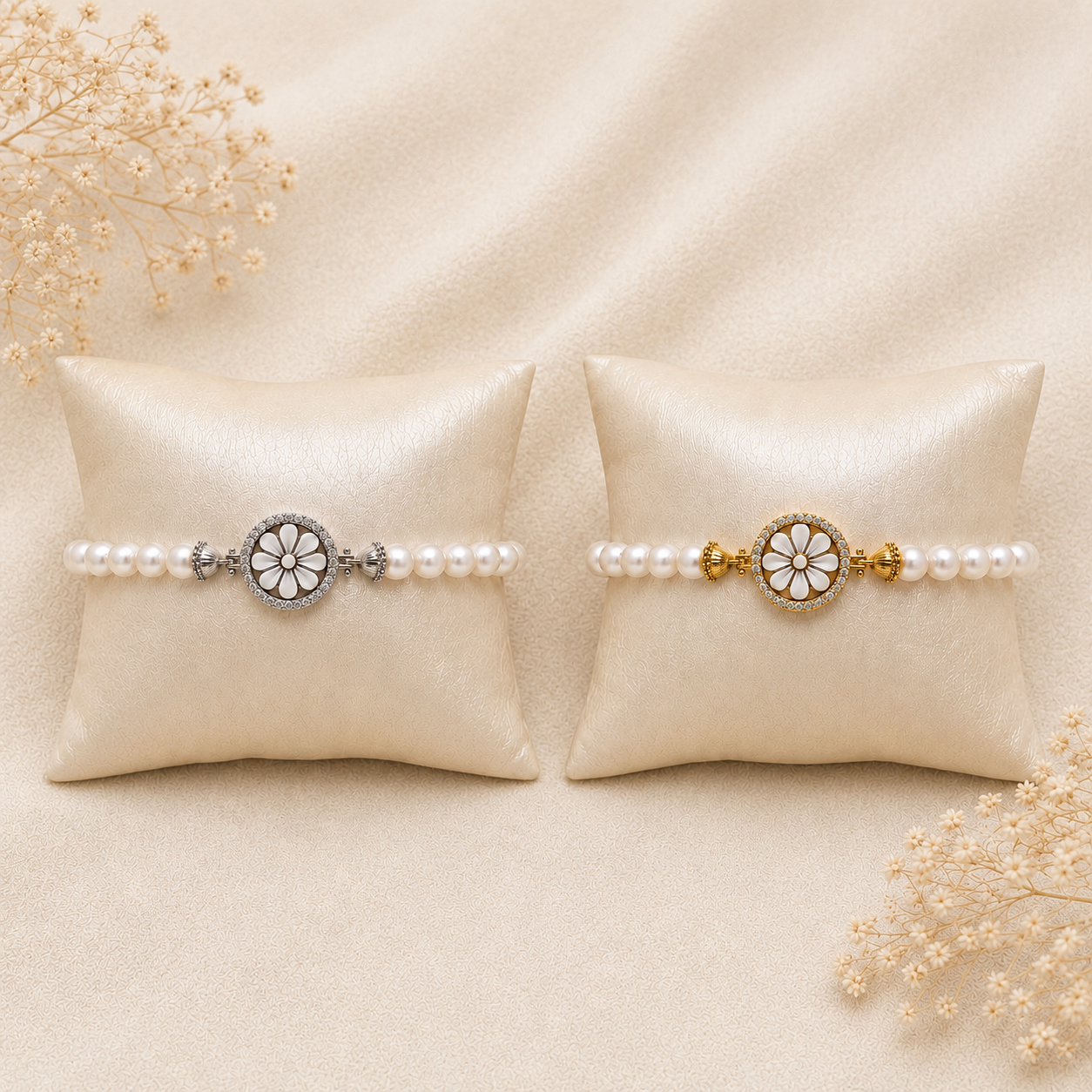Bracciale Sorrento in Argento 925 con Cammeo Margherita, perle naturali da 6 mm e zirconi bianchi disponibile nelle finiture placcata oro e rodiata