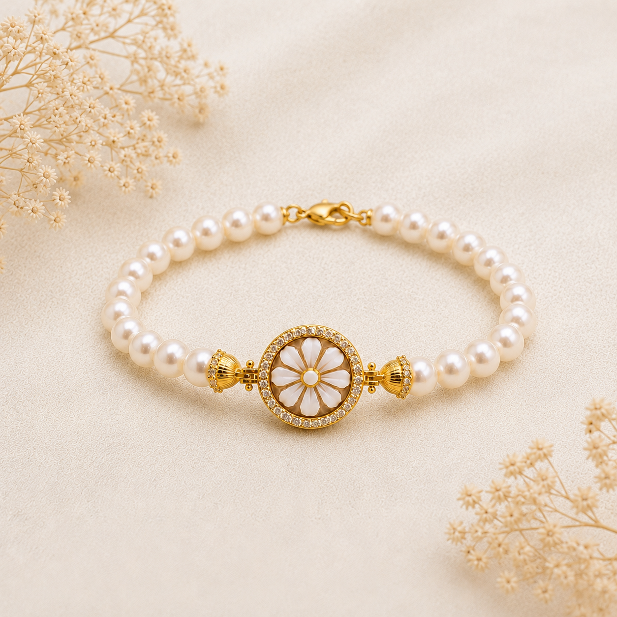 Bracciale Sorrento in Argento 925 placcato oro con Cammeo Margherita, perle naturali da 6 mm e contorno di zirconi bianchi