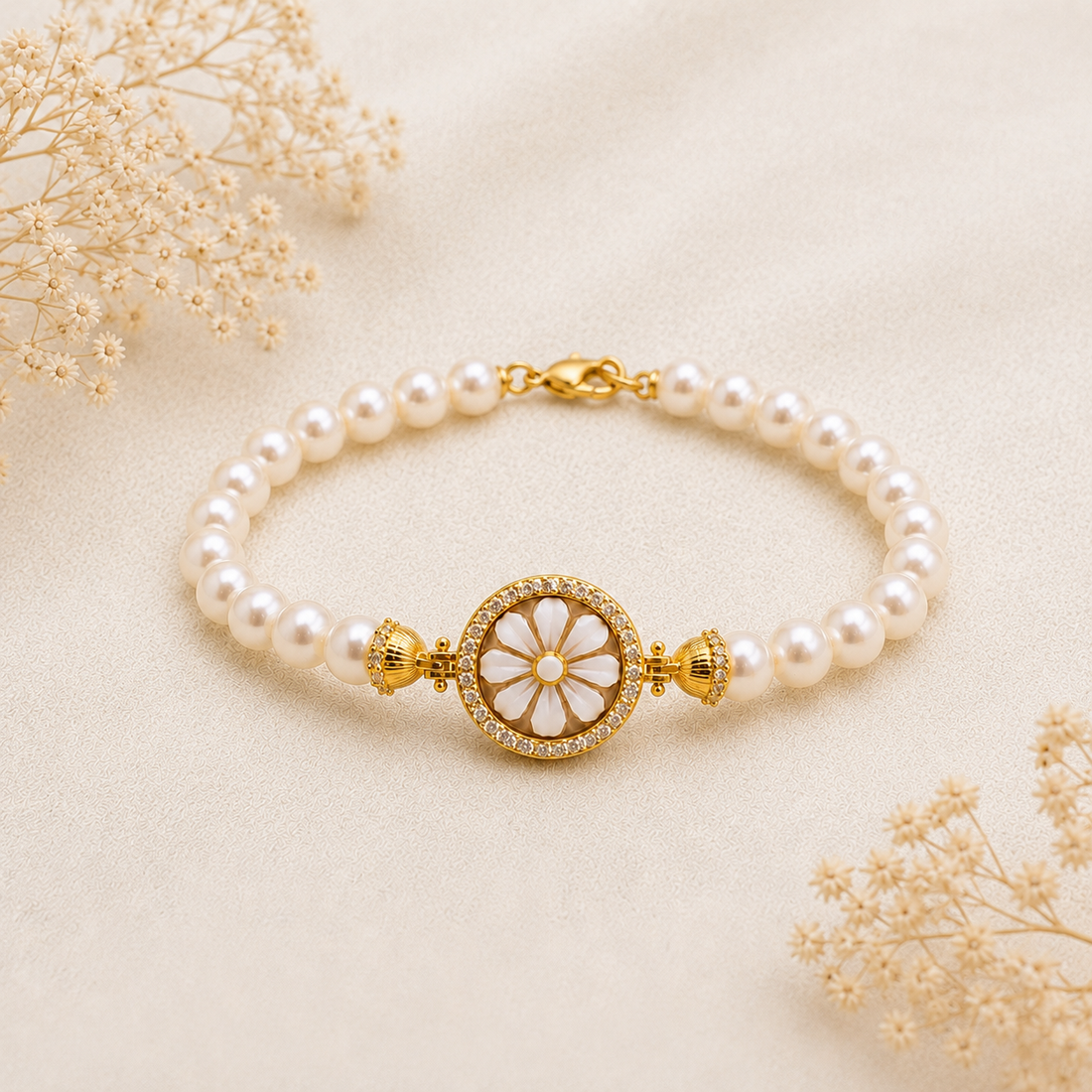 Bracciale Sorrento in Argento 925 placcato oro con Cammeo Margherita, perle naturali da 6 mm e contorno di zirconi bianchi