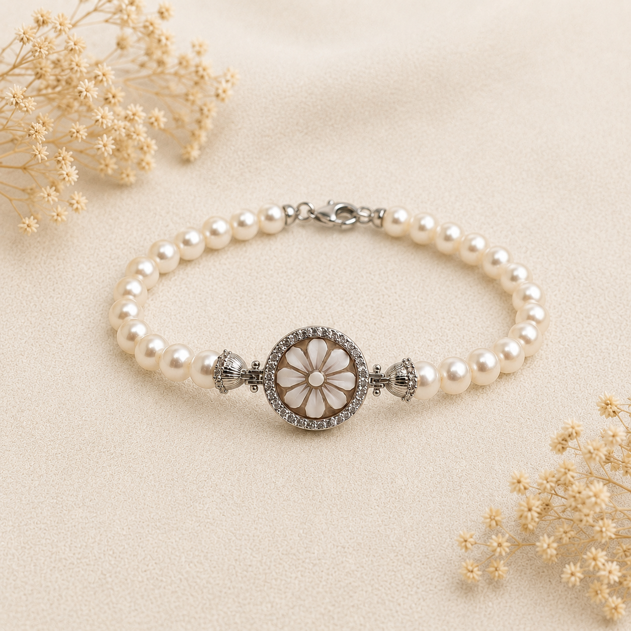 Bracciale Sorrento in Argento 925 rodiato con Cammeo Margherita, perle naturali da 6 mm e contorno di zirconi bianchi