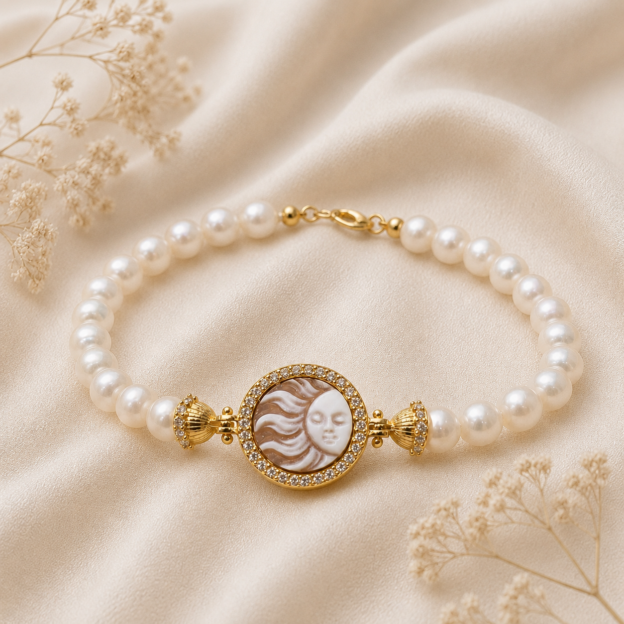 Bracciale Sorrento in Argento 925 placcato oro con cammeo Sole, perle naturali da 6 mm e zirconi bianchi indossato da donna