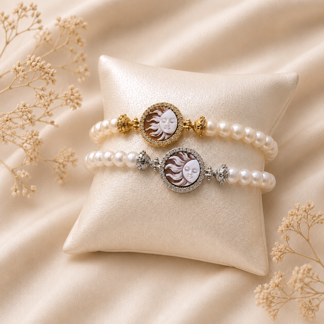 Bracciale Sorrento in Argento 925 con cammeo Sole, perle naturali da 6 mm e zirconi bianchi, disponibile in finitura placcata oro e rodiata