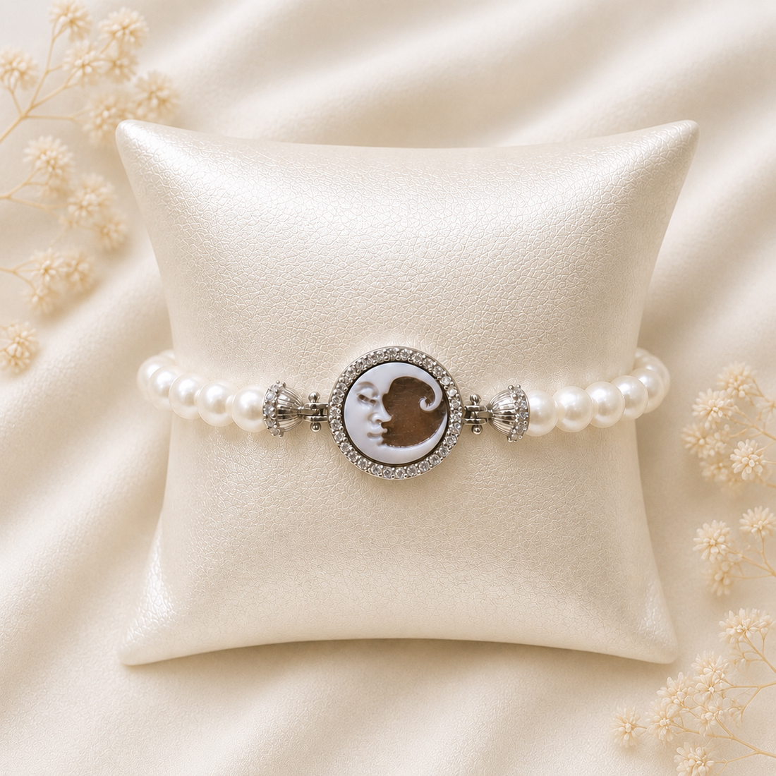 Bracciale Cammeo Luna con Zirconi e Perle Naturali da 6 mm Modello Sorrento  Disponibile in 2 Finiture