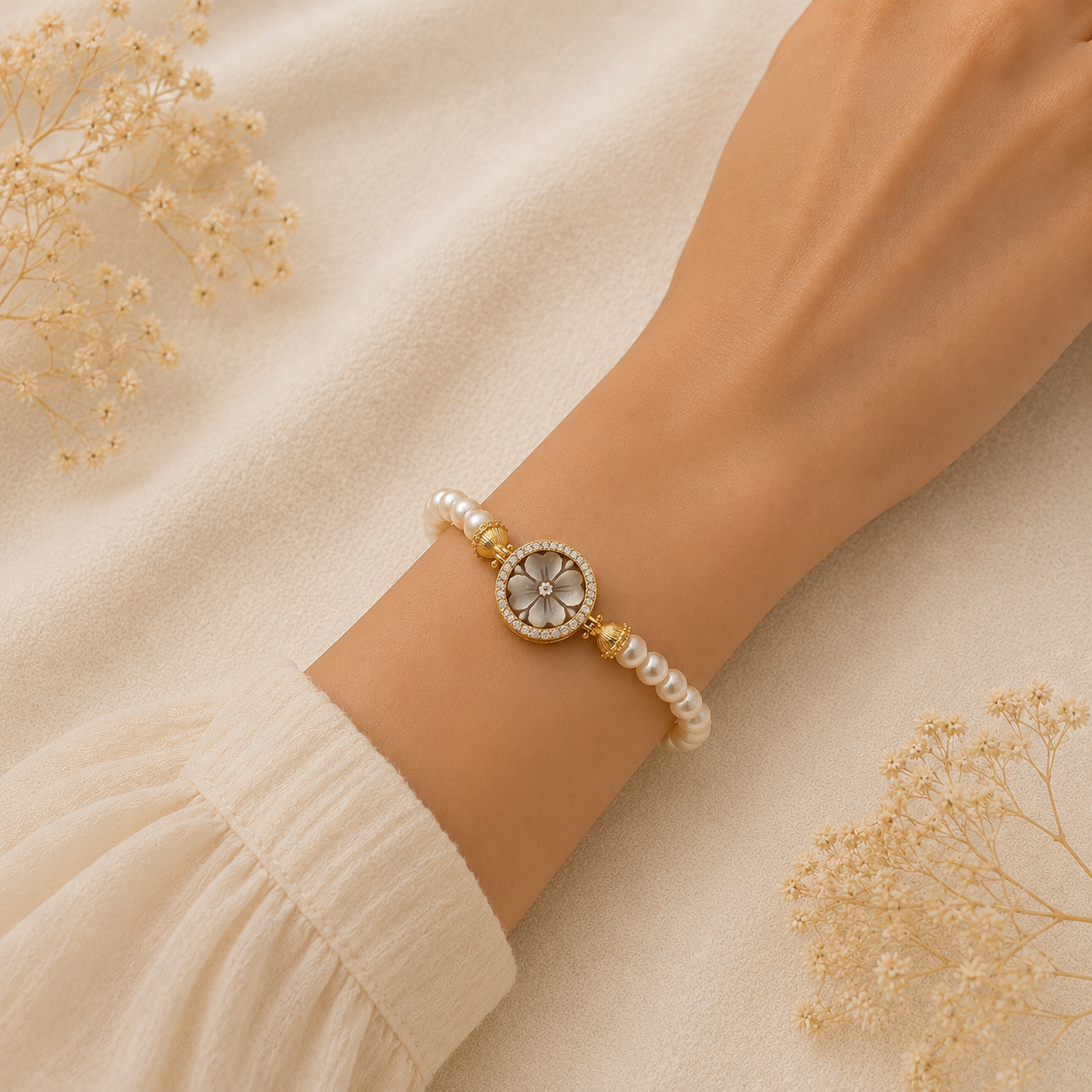 bracciale perle e cammeo floreale in argento 925 placcato in oro giallo