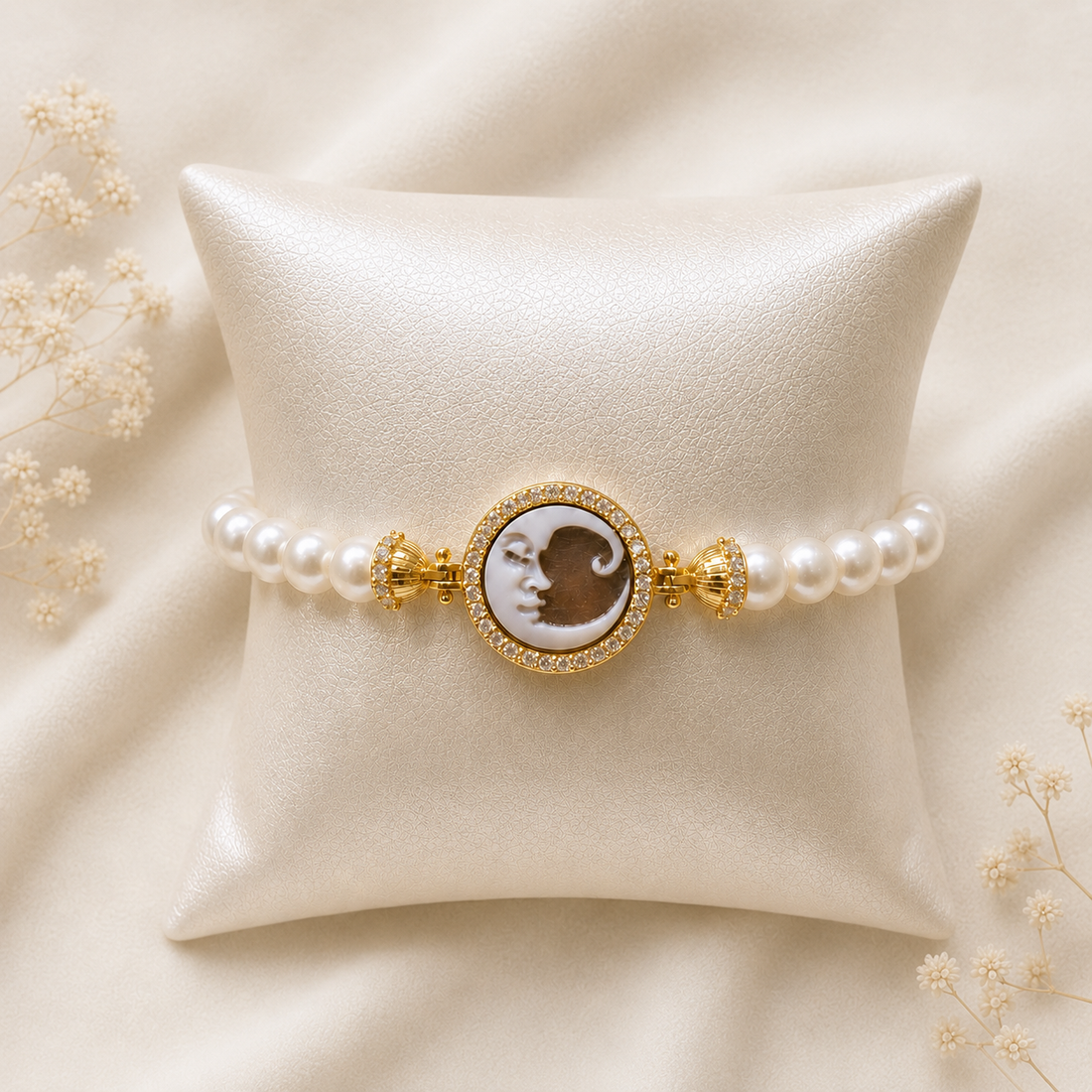 Bracciale Cammeo Luna con Zirconi e Perle Naturali da 6 mm Modello Sorrento  Disponibile in 2 Finiture