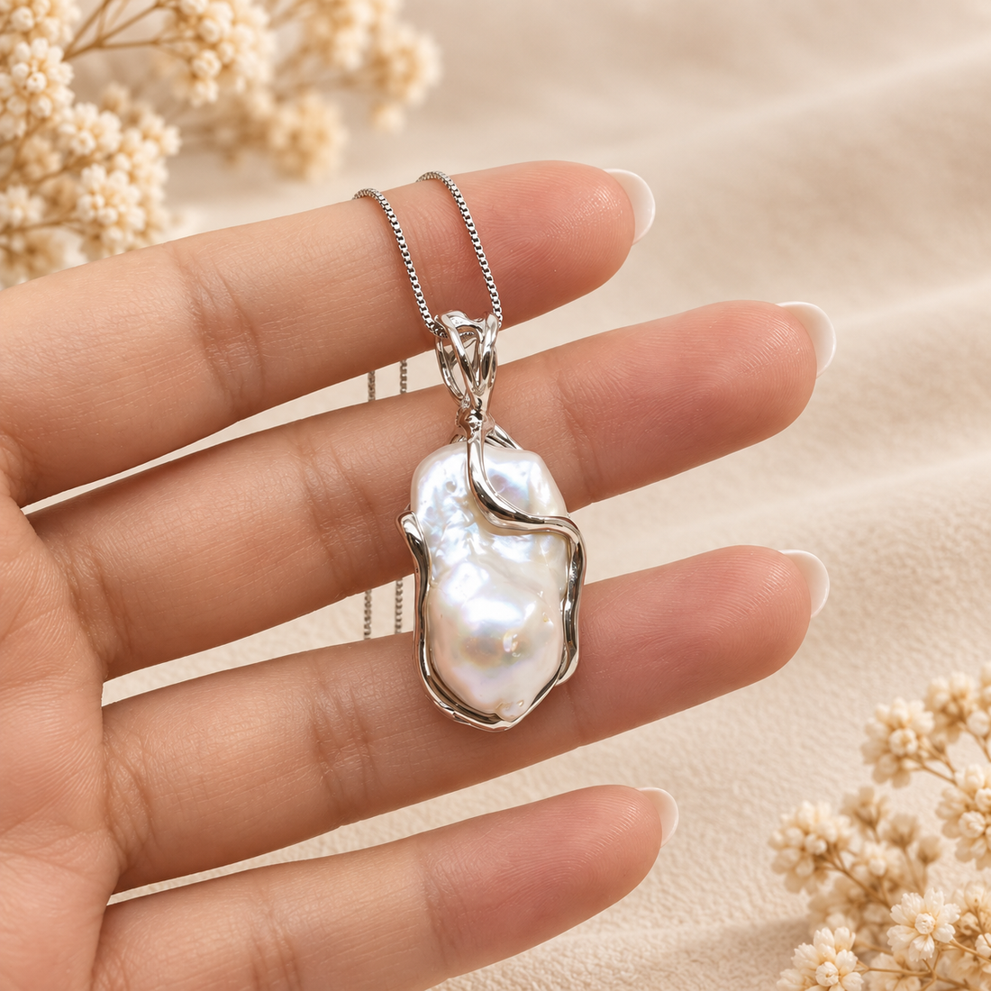 Dettaglio del ciondolo con perla barocca naturale e montatura a cera persa in Argento 925 rodiato