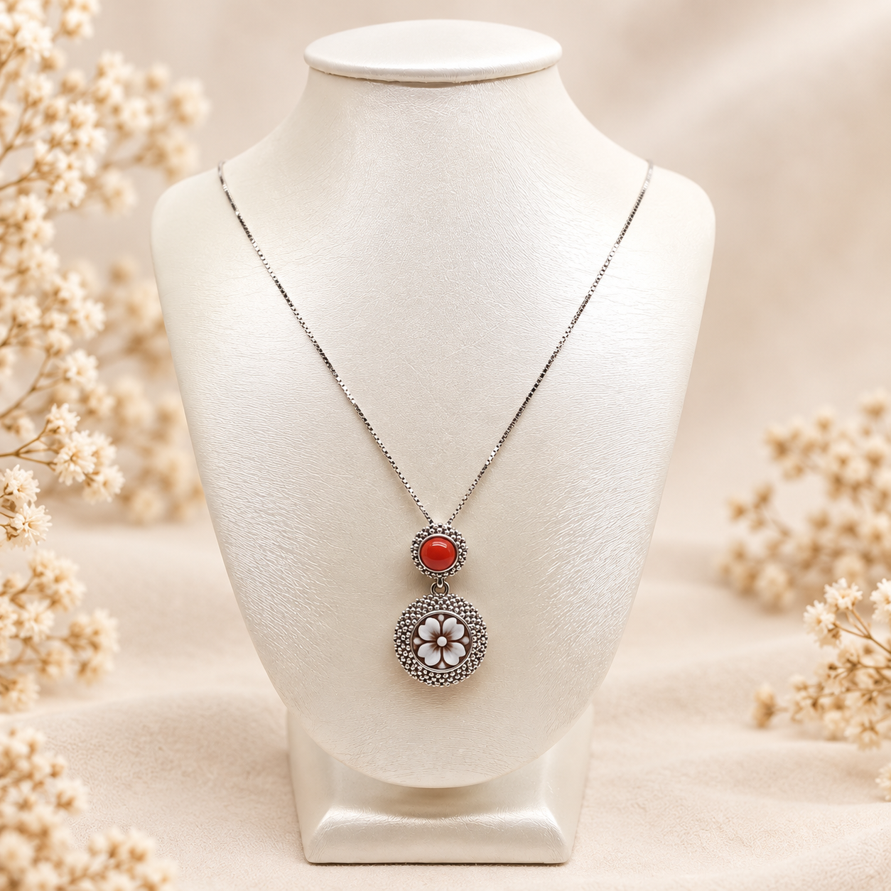 Collana in Argento 925 rodiato con ciondolo pendente composto da cabochon di corallo rosso naturale e cammeo floreale inciso a mano, con elegante montatura lavorata a rilievi sferici. Gioiello artigianale Made in Italy di Madonna Jewels.