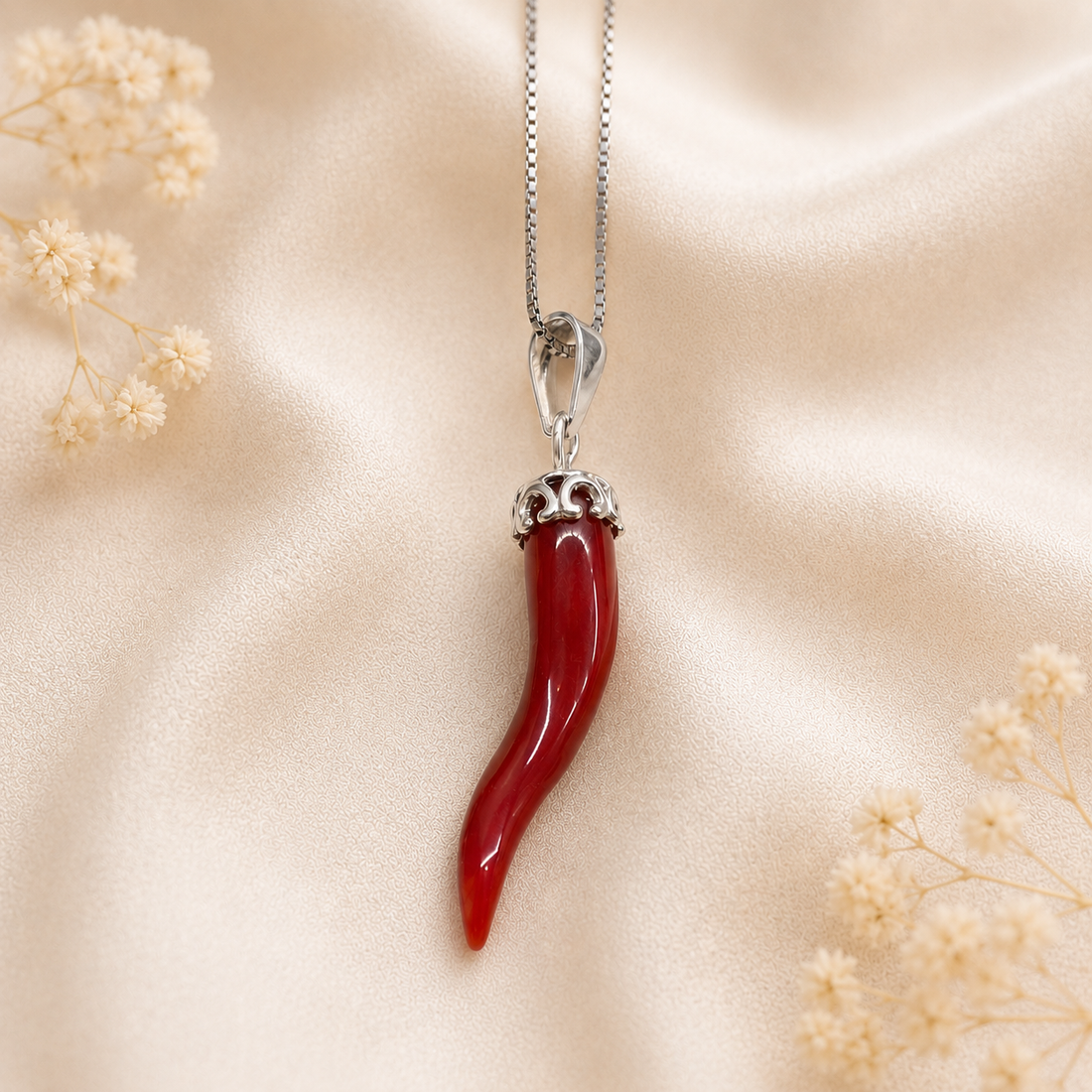 Collana unisex in Argento 925 rodiato con autentico corno di Corallo Rosso Naturale del Mediterraneo e catenina veneziana da 45 cm