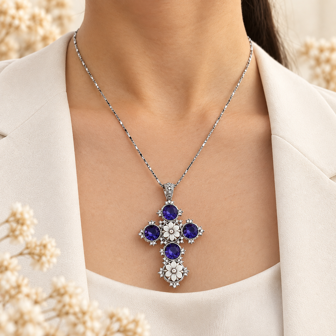 Collana in Argento 925 rodiato con croce, cammei floreali incisi a mano e zirconi viola, indossata.