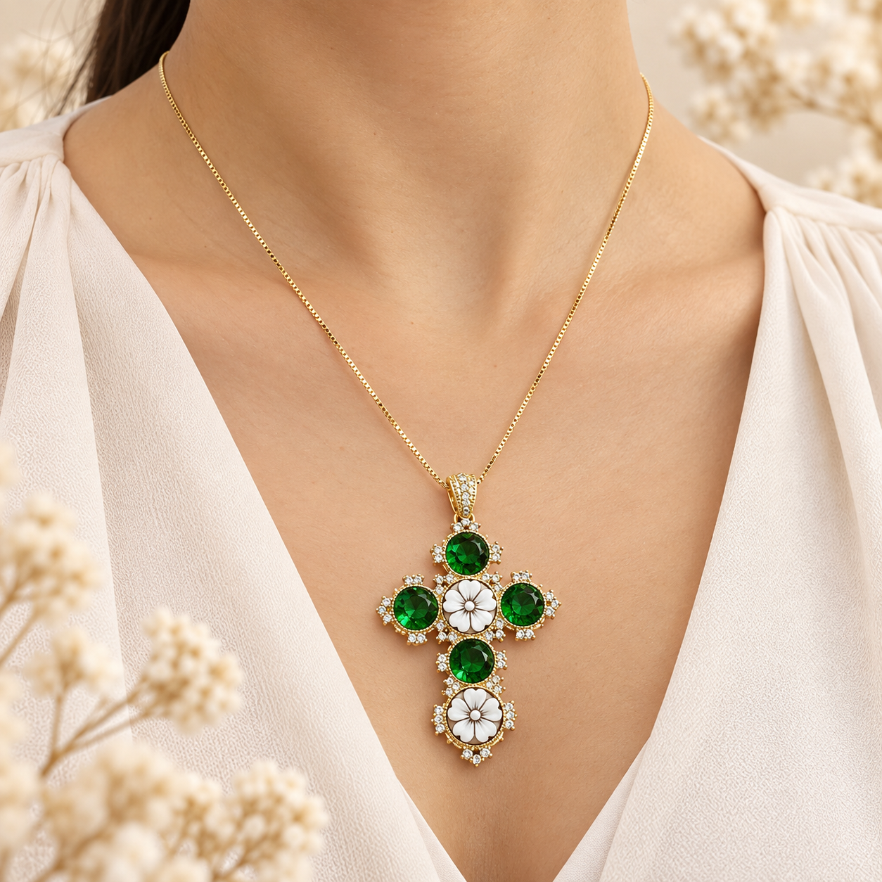 Collana in Argento 925 dorato con croce, cammei floreali incisi a mano e zirconi verdi, indossata.