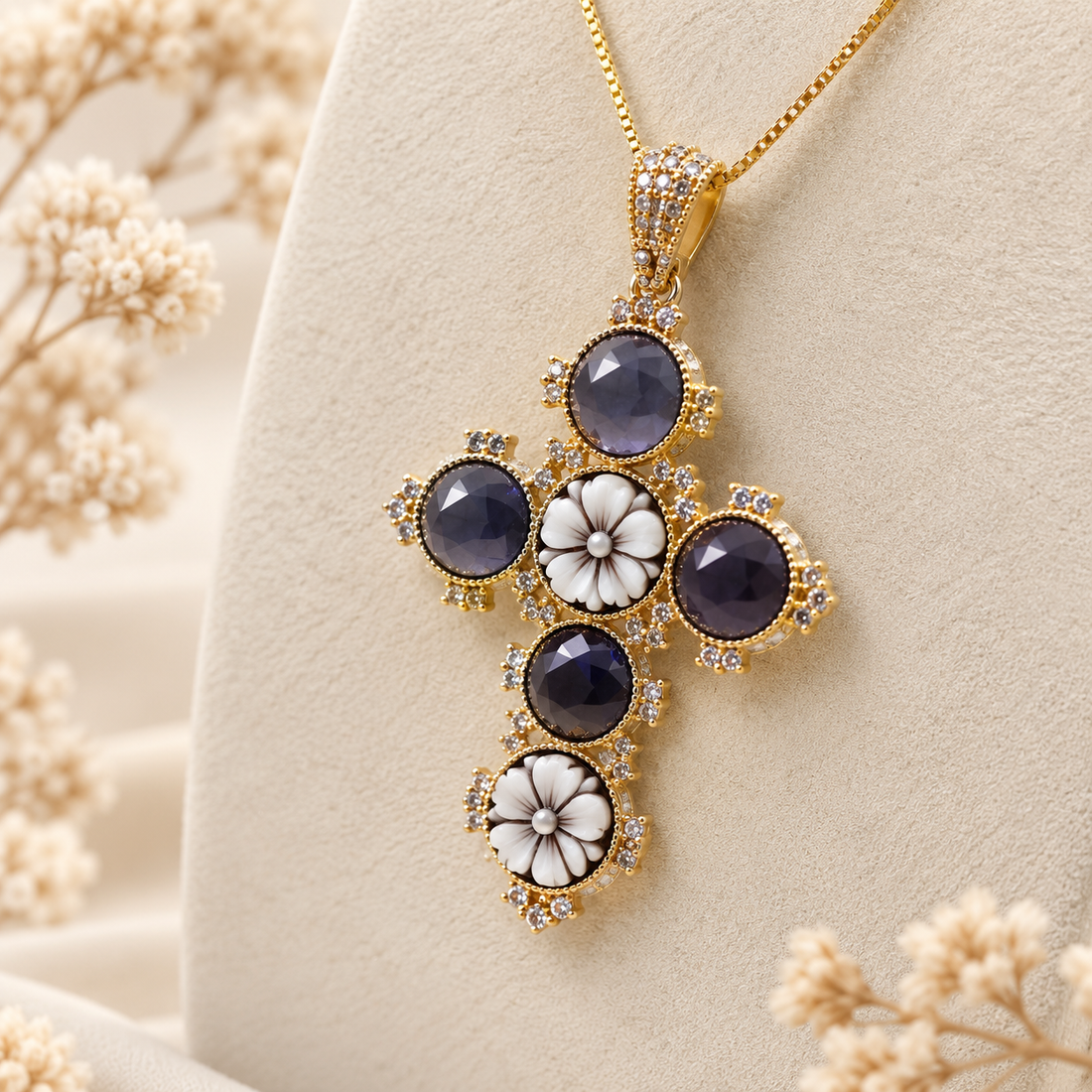 Collana in Argento 925 dorato con croce, cammei floreali incisi a mano e zirconi viola, indossata.