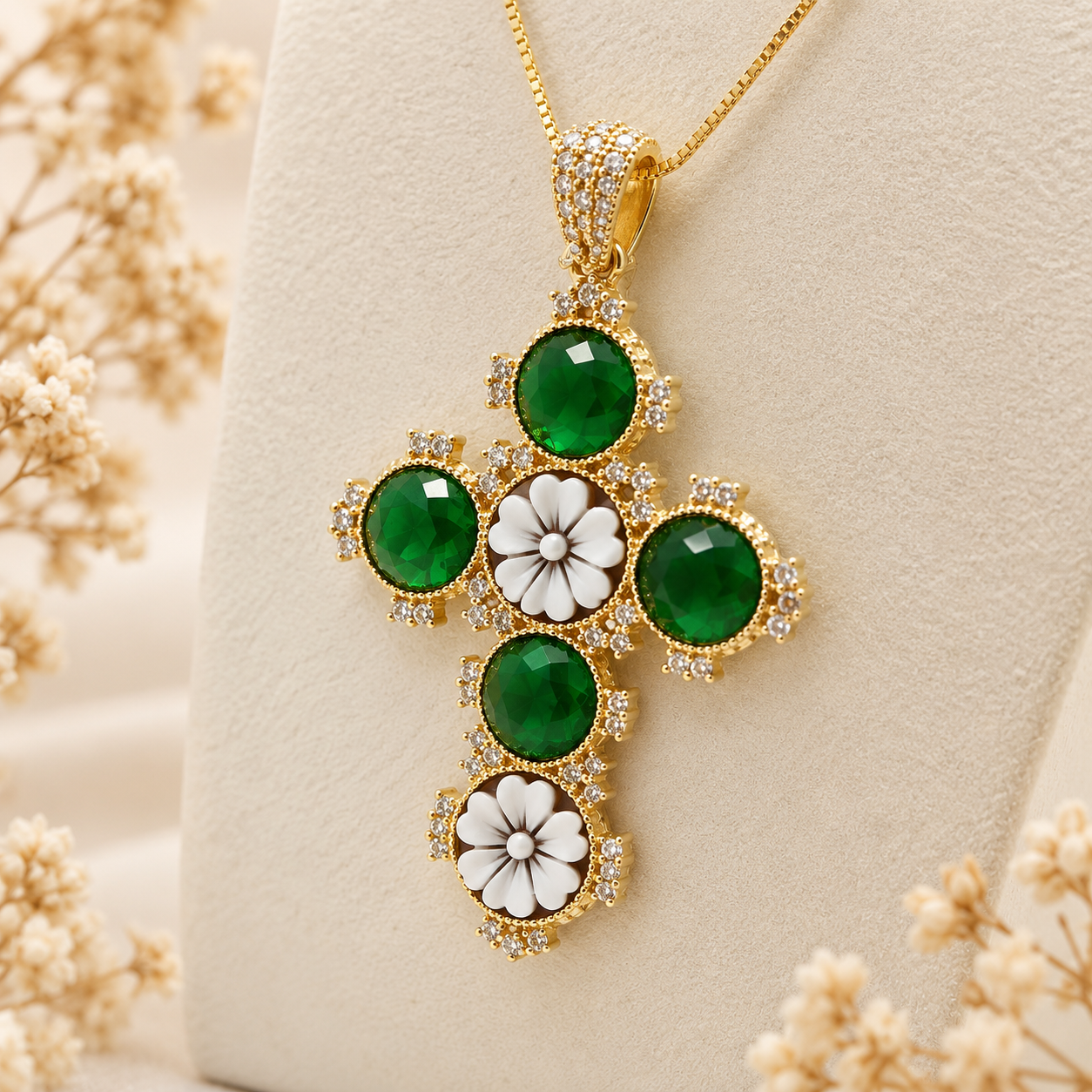 Collana con croce in Argento 925 dorato, cammei floreali e zirconi verdi, presentata su espositore.