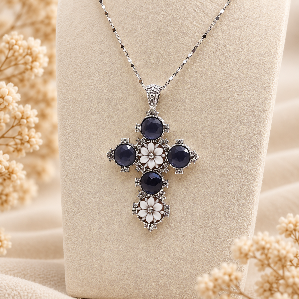 Collana con croce in Argento 925 rodiato, cammei floreali e zirconi viola, presentata su espositore.