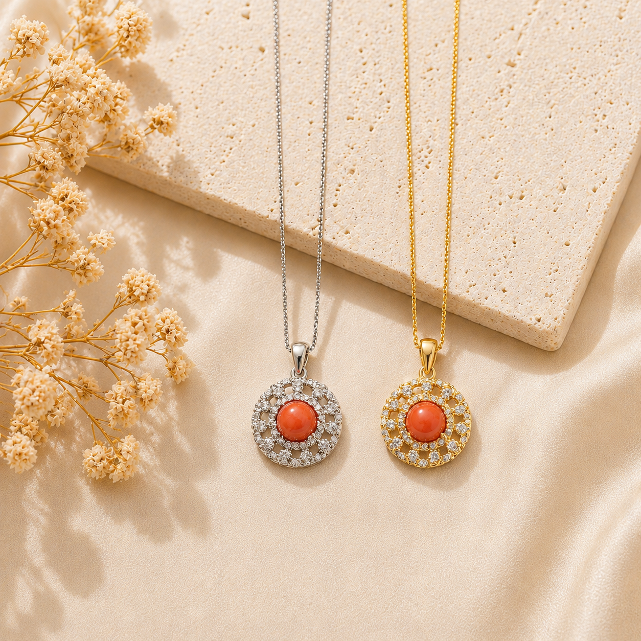 Collana Elite da donna in Argento 925 con Corallo Rosso Naturale del Mediterraneo, disponibile in finitura placcata oro e rodiata con catenina veneziana da 45 cm