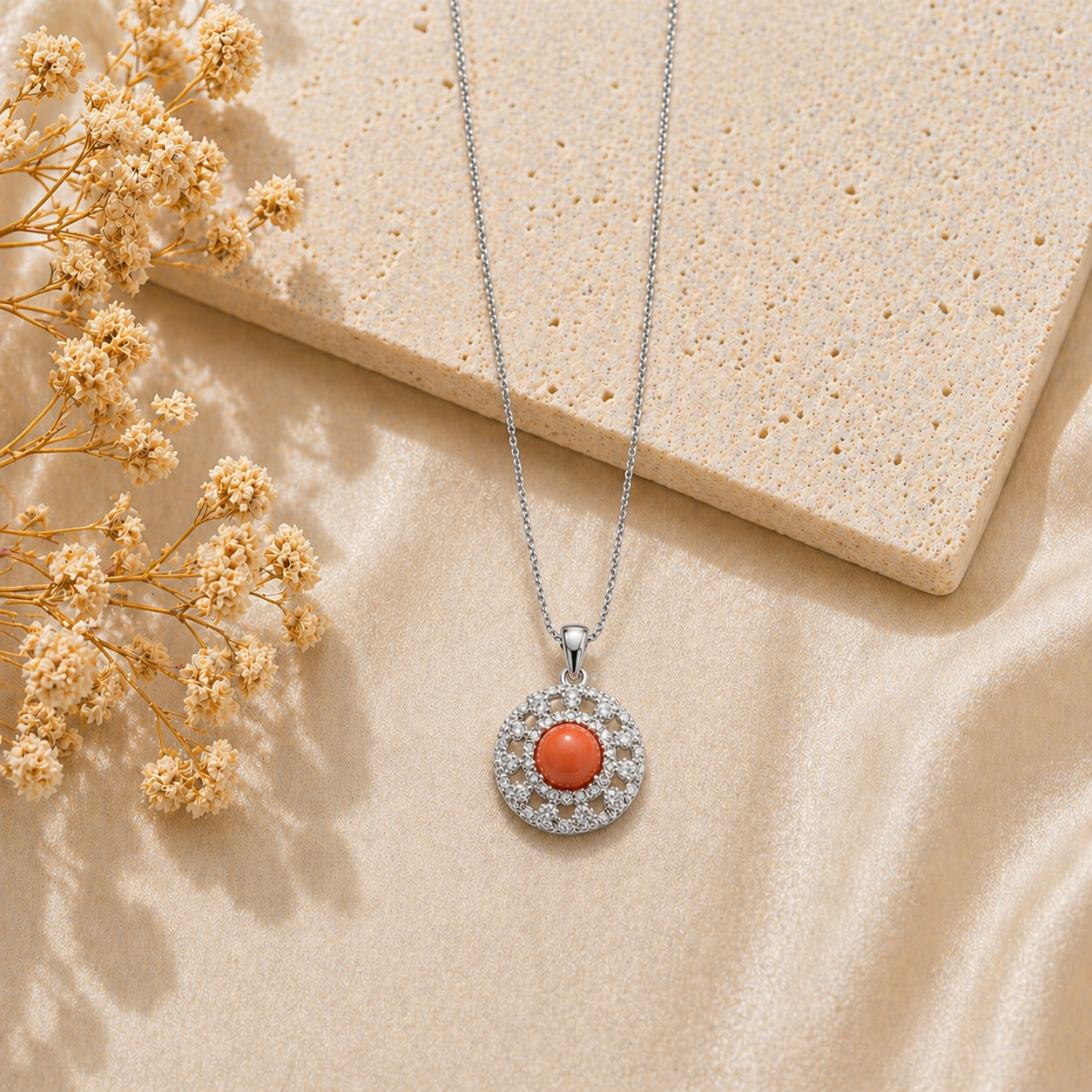 Collana Elite da donna in Argento 925 con Corallo Rosso Naturale del Mediterraneo, disponibile in finitura placcata oro e rodiata con catenina veneziana da 45 cm