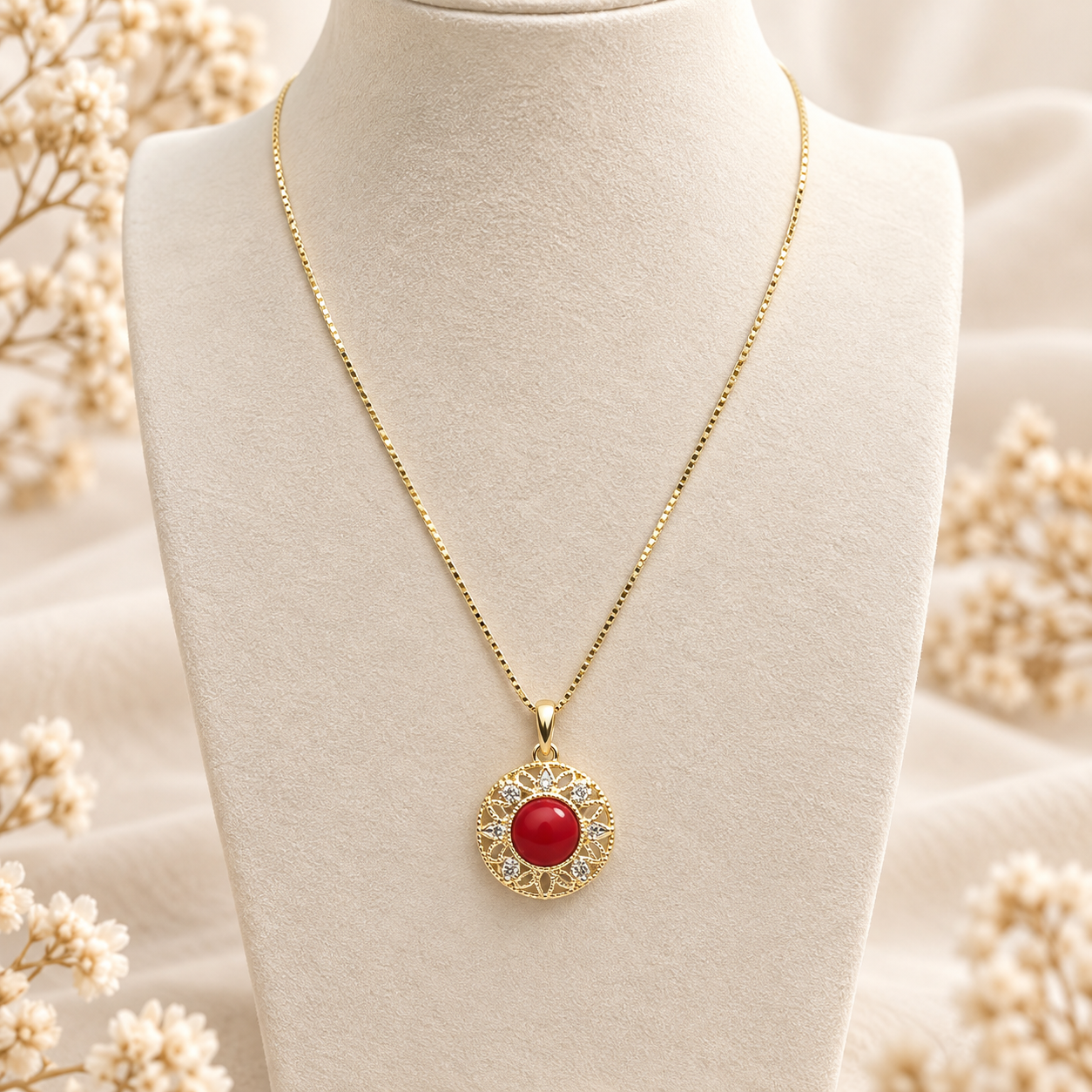 Collana Etrusco in Argento 925 placcato oro giallo con ciondolo rotondo traforato, cabochon centrale di Corallo Rosso Naturale del Mediterraneo e zirconi bianchi.