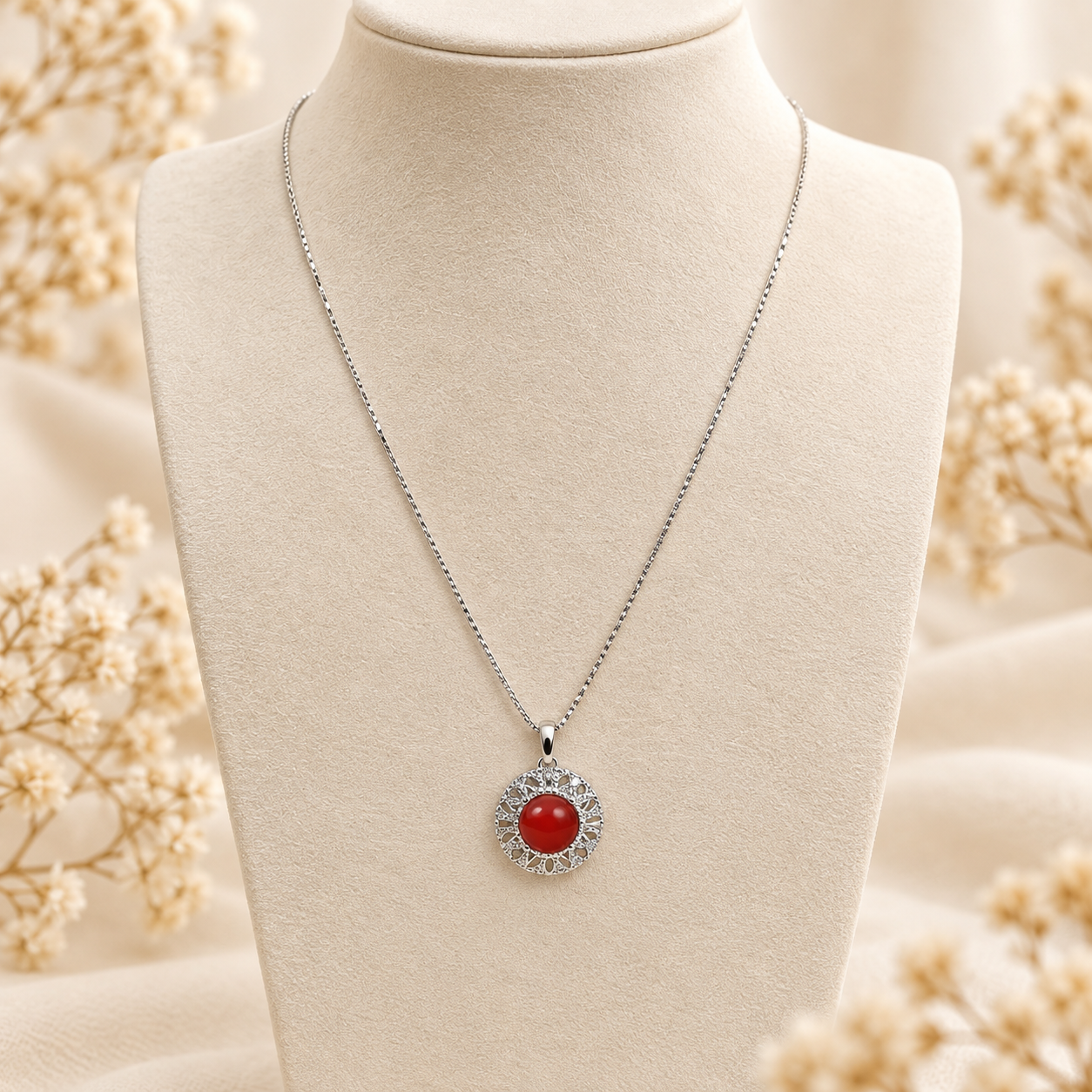 Collana Etrusco in Argento 925 rodiato con ciondolo circolare traforato, Corallo Rosso Naturale del Mediterraneo al centro e zirconi bianchi, esposta su busto color crema.
