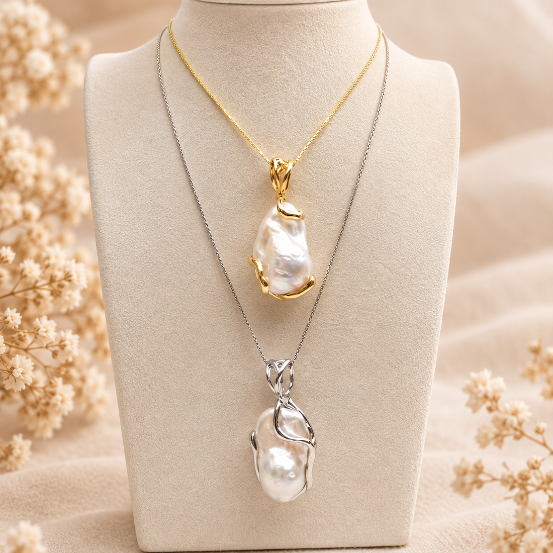 Collana con perla barocca naturale disponibile in Argento 925 placcato oro e rodiato