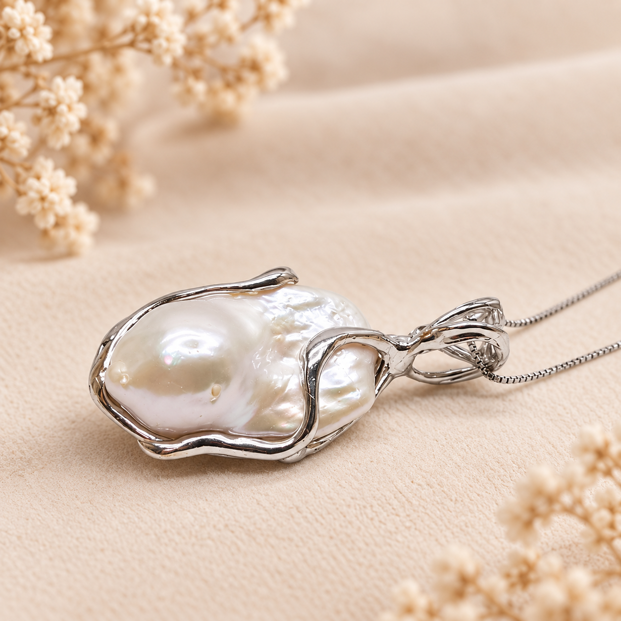 Ciondolo in perla barocca naturale d’acqua dolce con montatura artigianale in Argento 925 rodiato