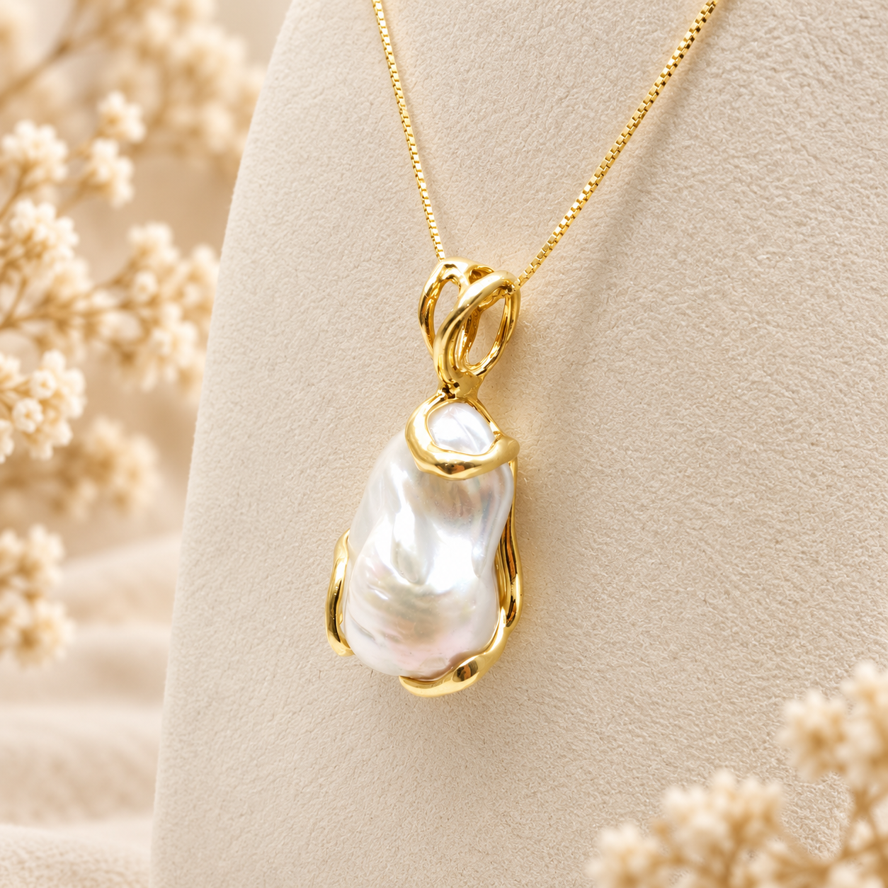 Collana veneziana con perla barocca naturale d’acqua dolce e montatura artigianale in Argento 925 dorato