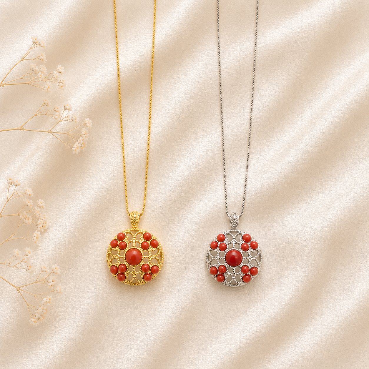 Collana Supreme da donna in Argento 925 con Corallo Rosso Naturale del Mediterraneo, disponibile in finitura placcata oro e rodiata, con catenina veneziana da 45 cm