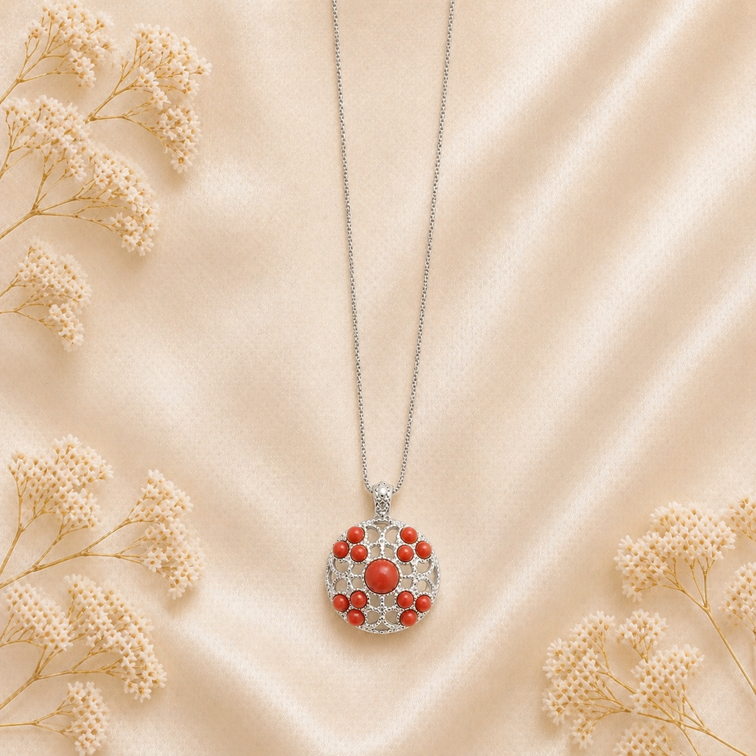 Collana Supreme da donna in Argento 925 con Corallo Rosso Naturale del Mediterraneo, disponibile in finitura placcata oro e rodiata, con catenina veneziana da 45 cm