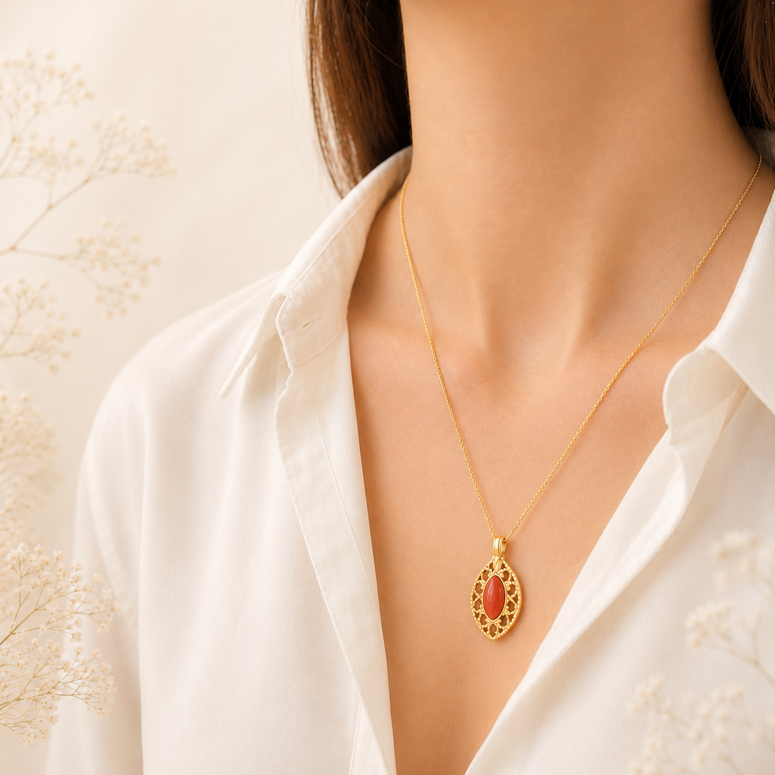Collana Velvet da donna indossata in Argento 925 placcato oro con pendente a rombo traforato e cabochon di Corallo Rosso Naturale del Mediterraneo.