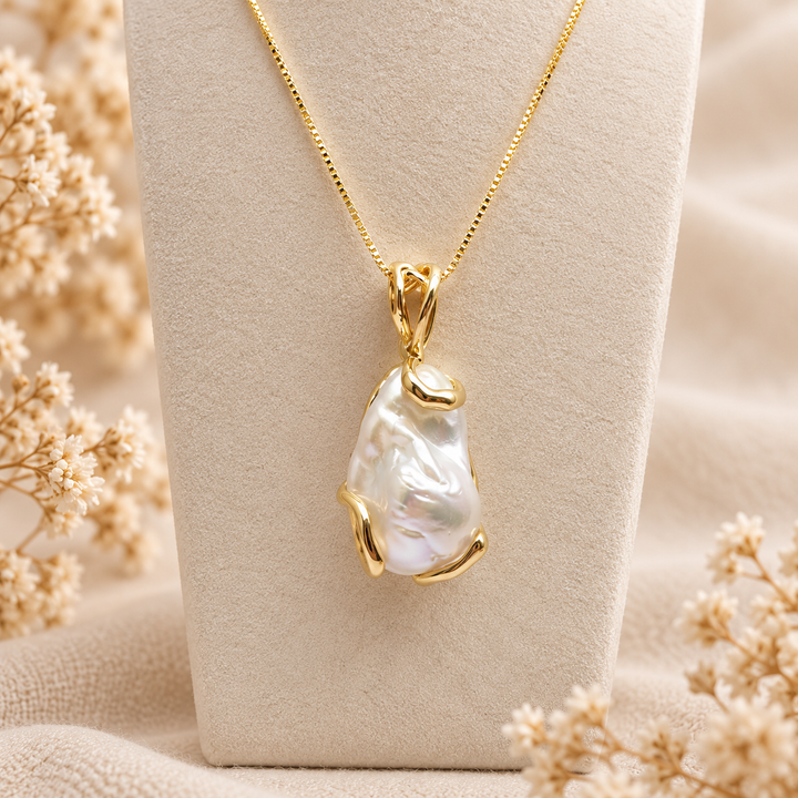 Collana veneziana da 45 cm in Argento 925 placcato oro con pendente in perla barocca naturale