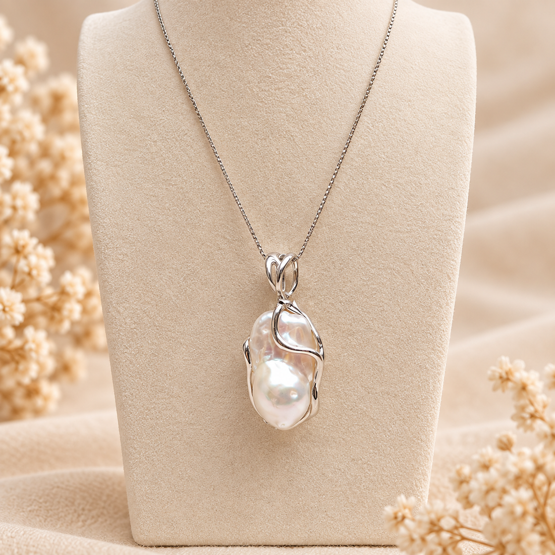 Collana veneziana da 45 cm in Argento 925 rodiato con pendente in perla barocca naturale d’acqua dolce