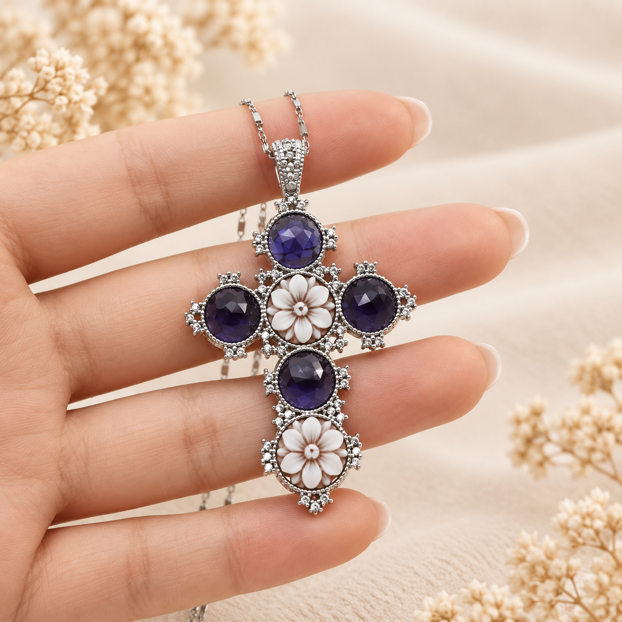Croce in Argento 925 rodiato con cammei floreali incisi a mano, zirconi viola e dettagli luminosi.