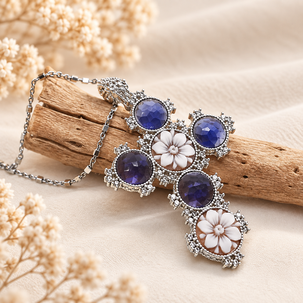 Croce religiosa in Argento 925 rodiato con cammei floreali artigianali e zirconi viola sfaccettati.