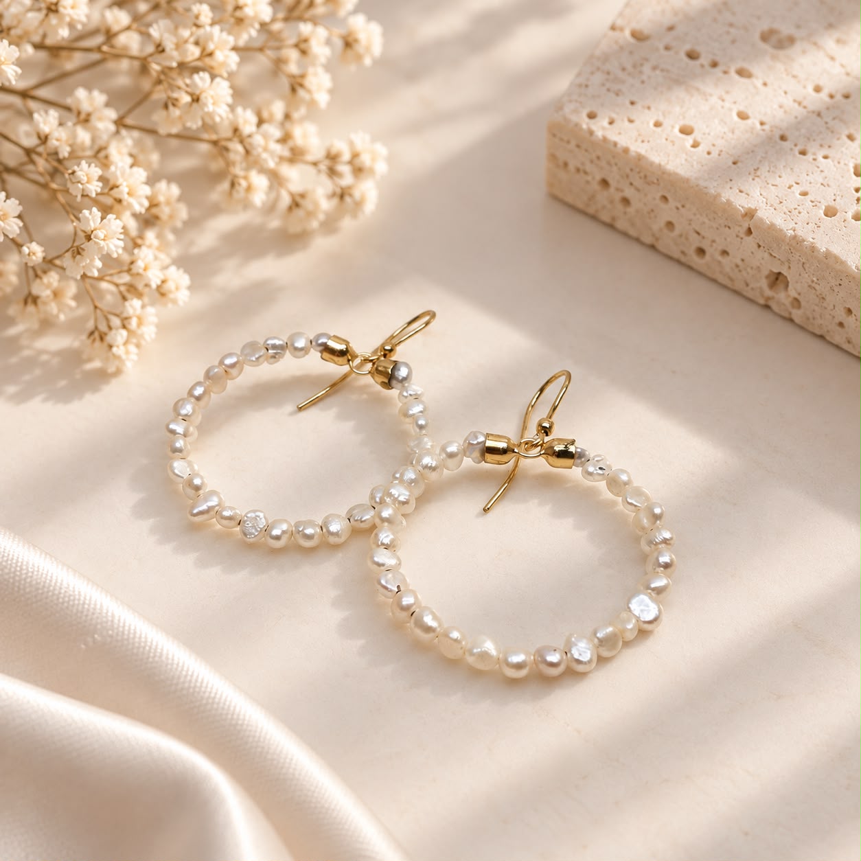 Orecchini a cerchio in Argento 925 placcato oro giallo con piccole perle barocche naturali d'acqua dolce, fotografati su sfondo crema con fiori beige.
