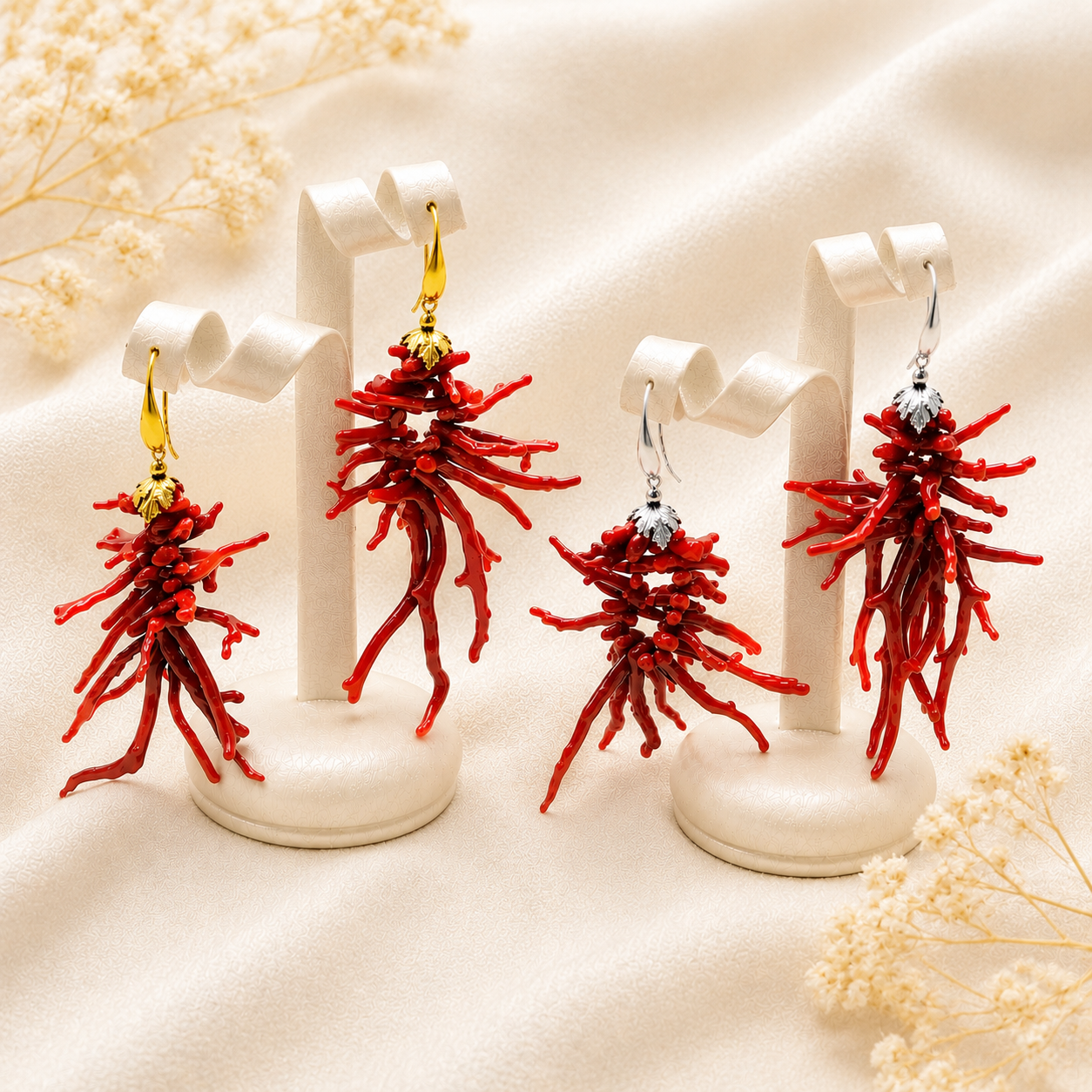 Orecchini a ciuffo con rametti di corallo rosso naturale del Mediterraneo in Argento 925, finitura dorata e rodiata