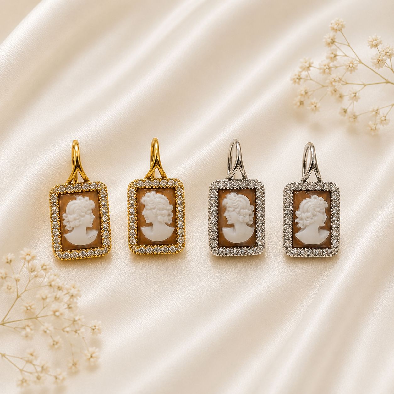 Orecchini Monachelle Sorrento in Argento 925 con cammei rettangolari Dama, zirconi bianchi e chiusura a monachella disponibili nelle finiture placcata oro e rodiata