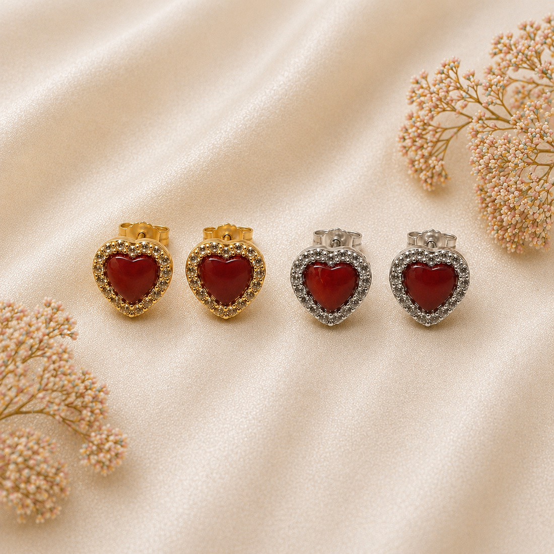 Orecchini Passion rodiati in Argento 925 con cuore di Corallo Rosso Naturale e zirconi bianchi