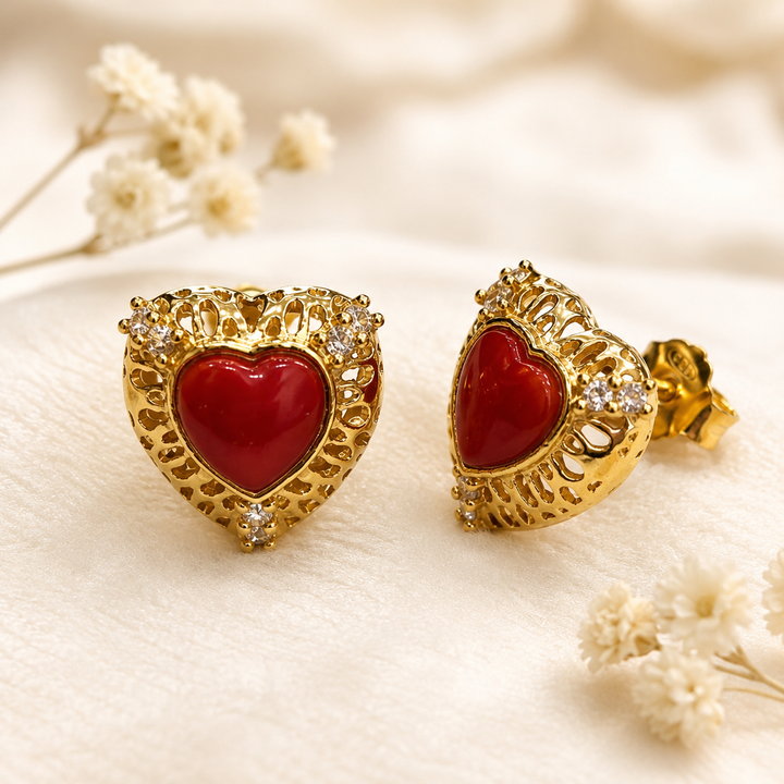 Orecchini Passion in Argento 925 placcato oro con cuore di Corallo Rosso Naturale del Mediterraneo e zirconi bianchi