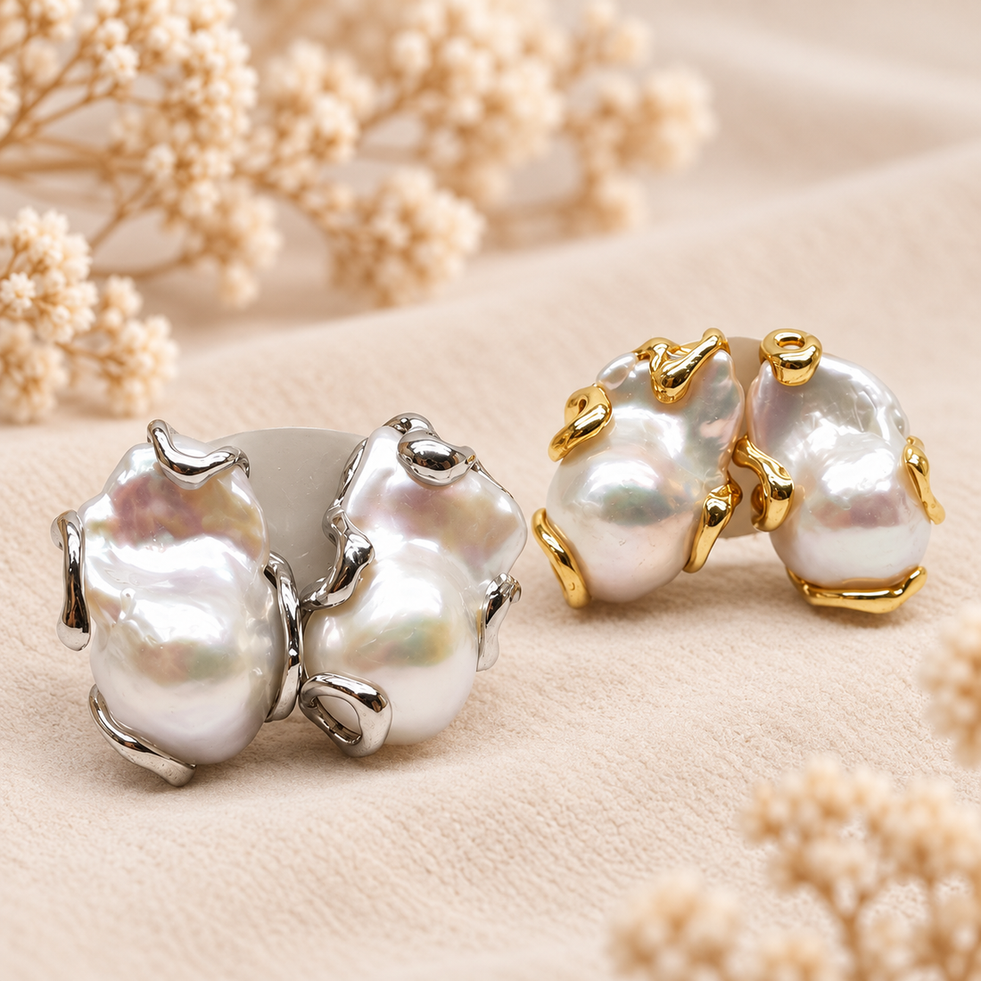 Orecchini con grandi perle barocche naturali disponibili in Argento 925 dorato e rodiato