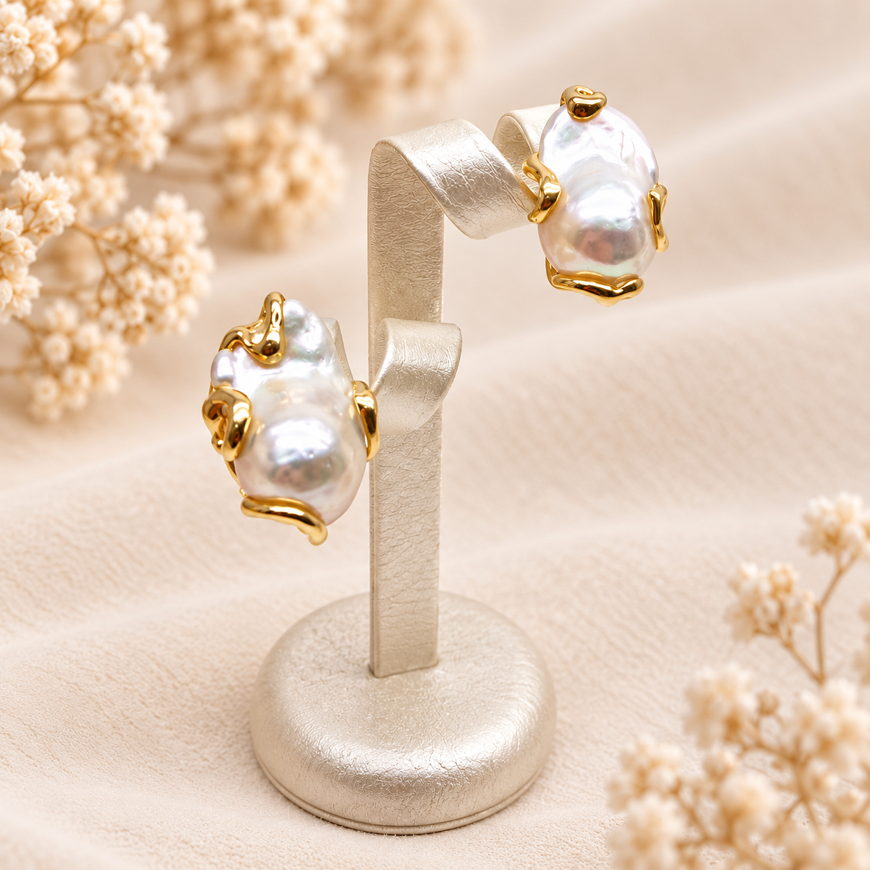 Orecchini con grandi perle barocche naturali e montatura in Argento 925 dorato su espositore