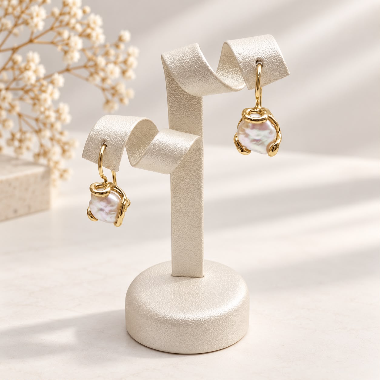 Orecchini in Argento 925 placcato oro con piccole perle barocche naturali a monetina, dettaglio frontale