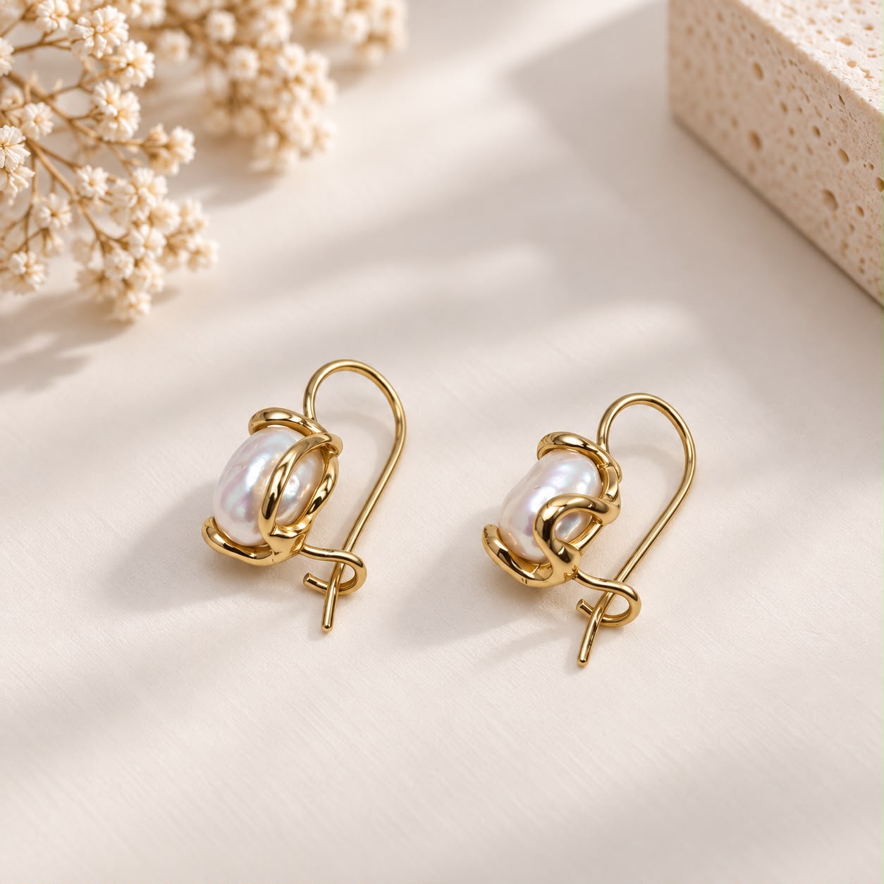 Orecchini pendenti dorati con perle barocche naturali a monetina in Argento 925, Madonna Jewels