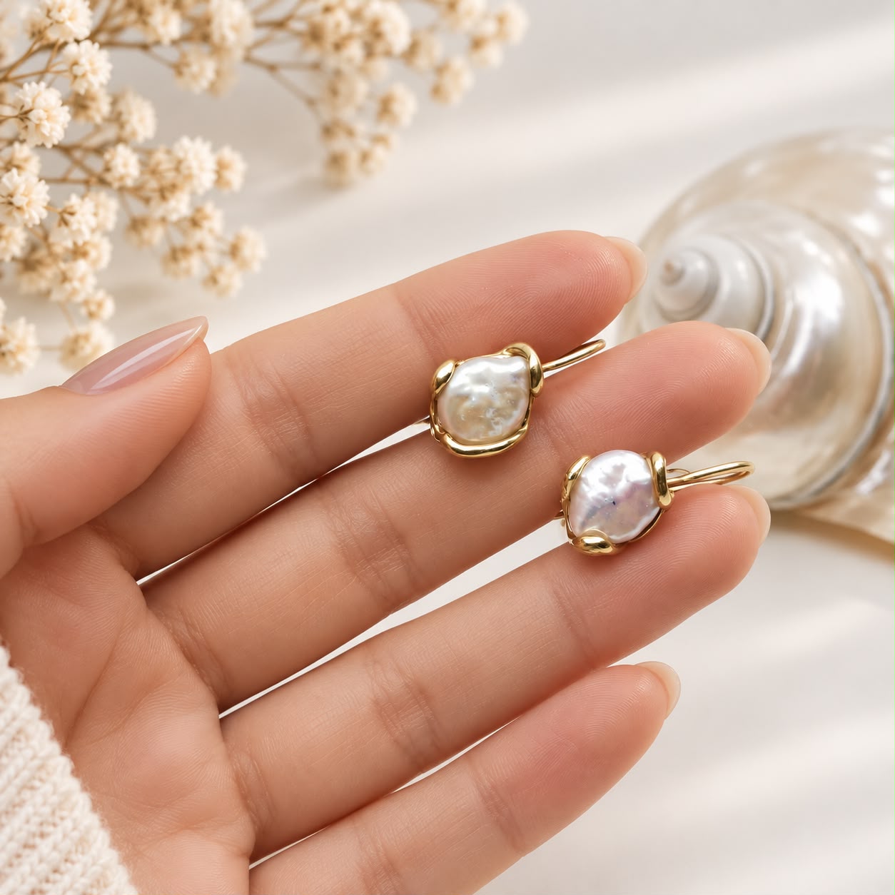 Orecchini con perle barocche naturali a monetina in Argento 925 placcato oro indossati, Madonna Jewels
