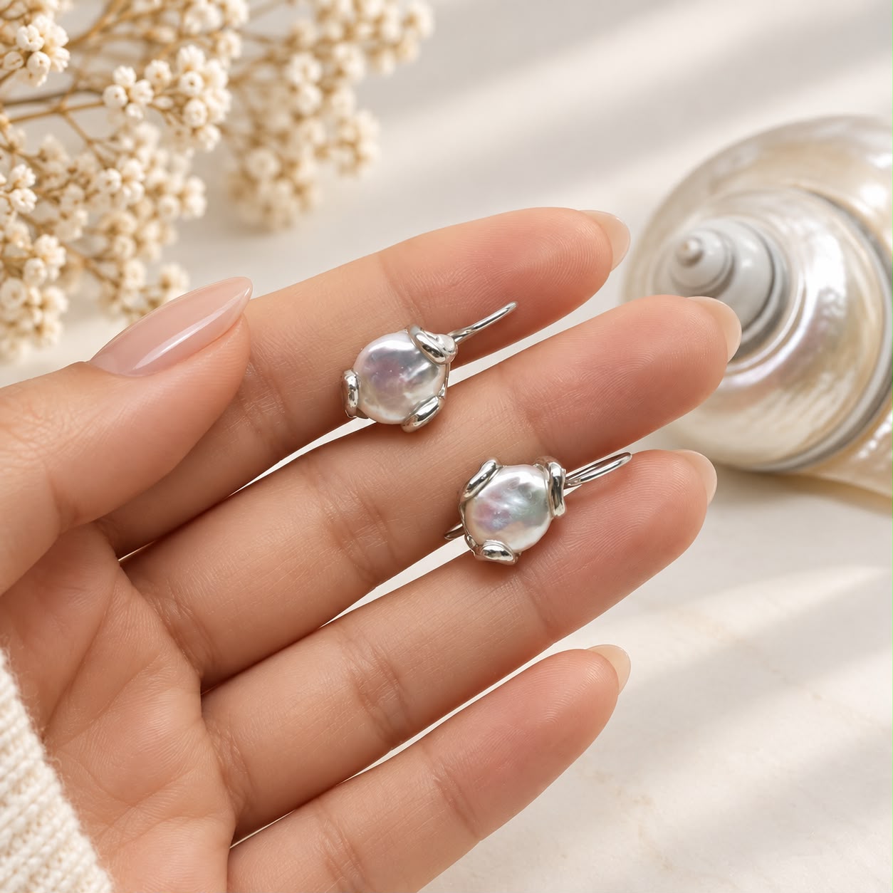 Orecchini con perle barocche naturali a monetina in Argento 925 rodiato indossati, Madonna Jewels