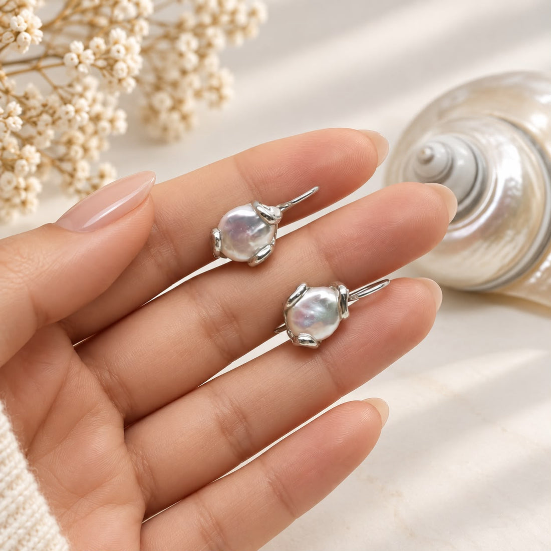 Orecchini con perle barocche naturali a monetina in Argento 925 rodiato indossati, Madonna Jewels