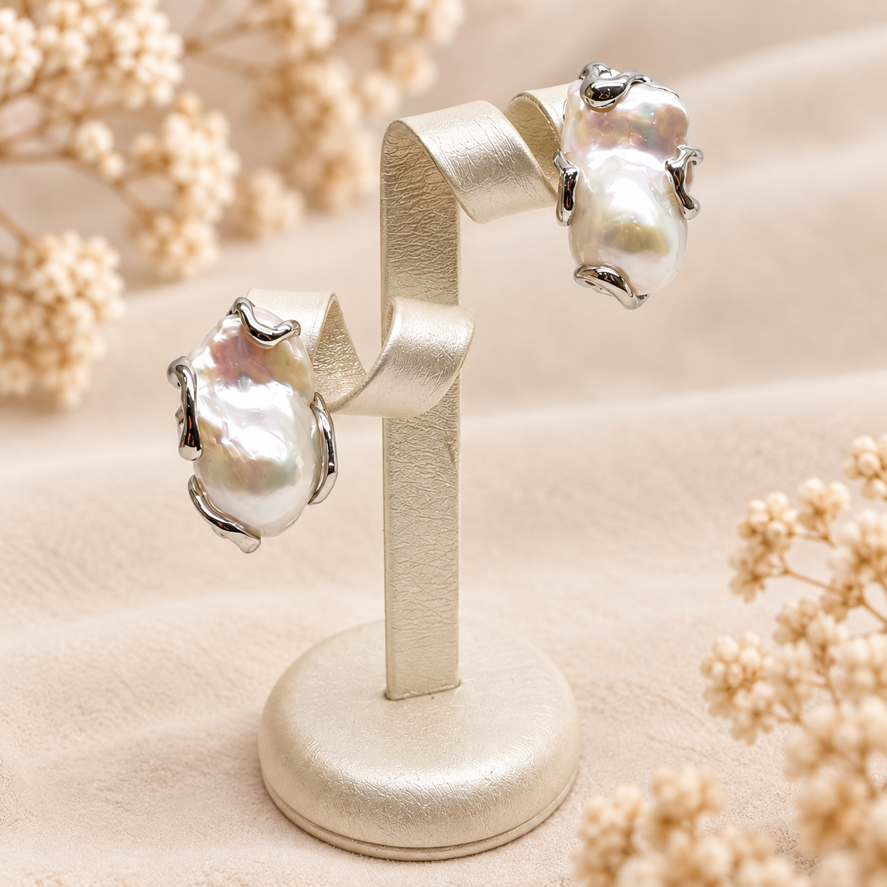 Orecchini con grandi perle barocche naturali e montatura in Argento 925 rodiato su espositore