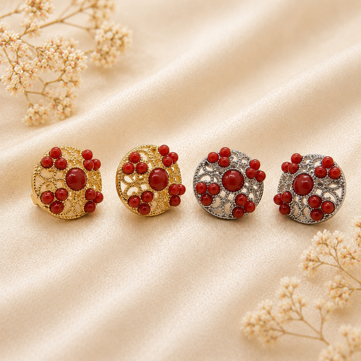 Orecchini Supreme in Argento 925 con Corallo Rosso Naturale, disponibili in finitura dorata e rodiata