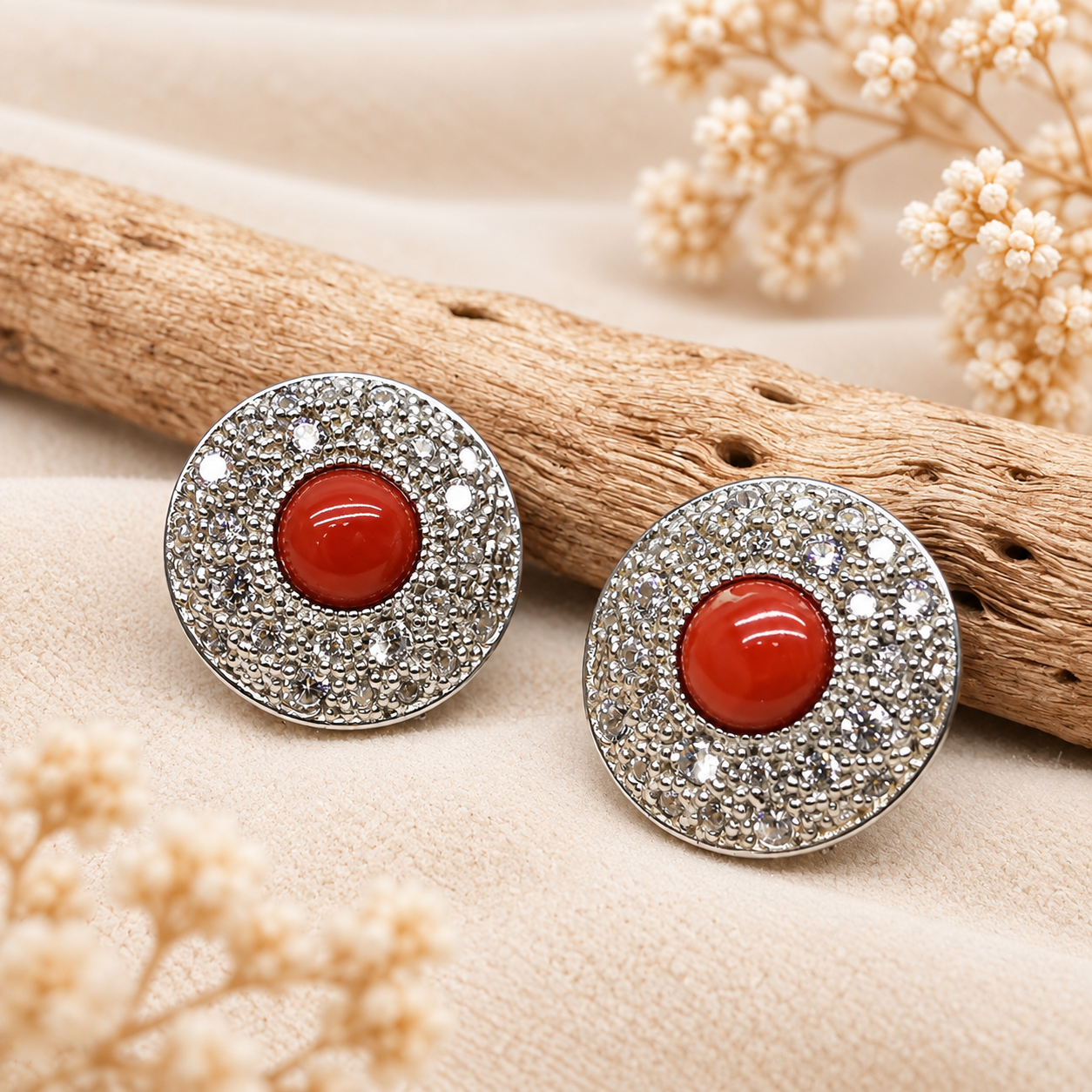 Orecchini a toppa in Argento 925 rodiato con pavé di zirconi e cabochon tondo in Corallo Rosso Naturale del Mediterraneo, vista frontale