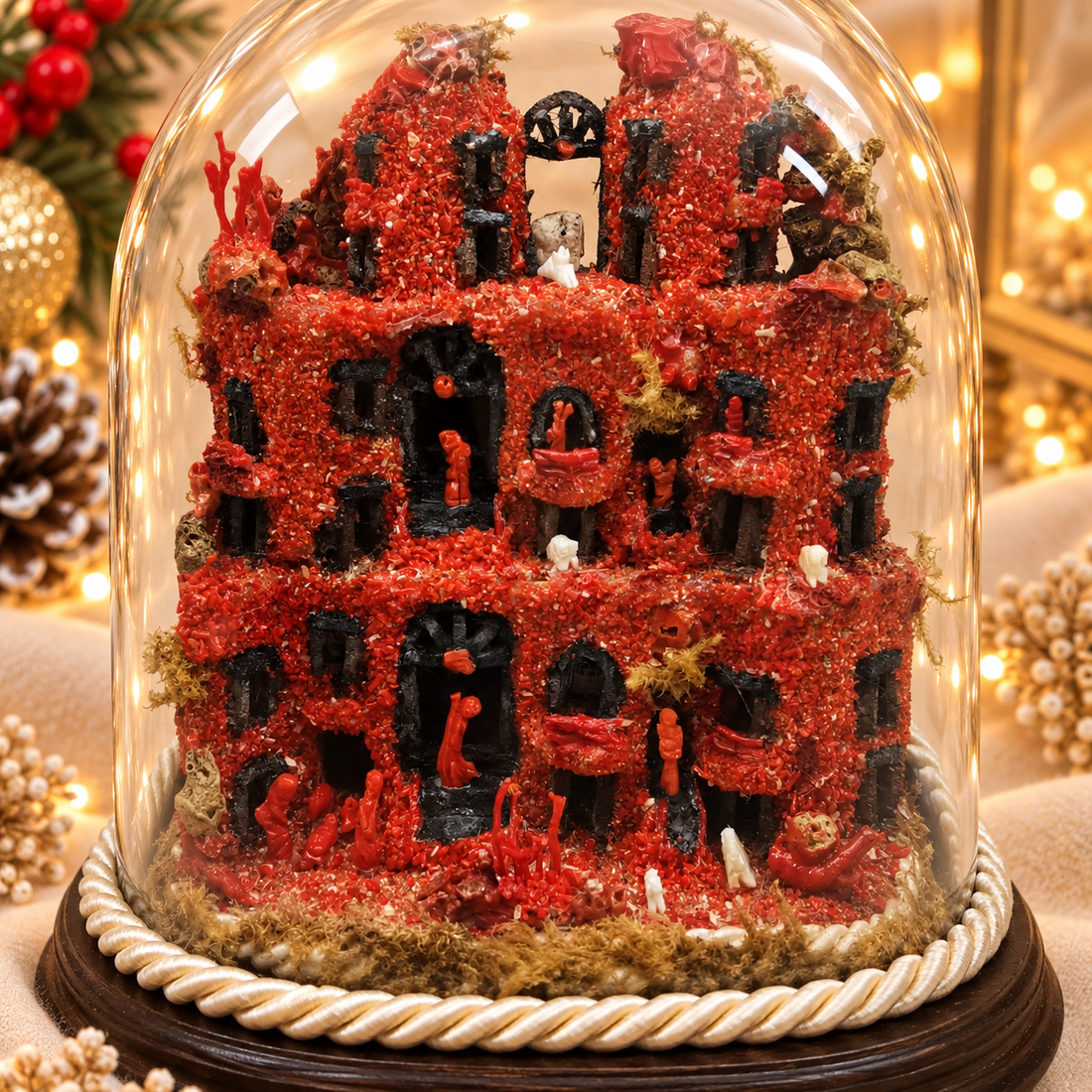 Presepe napoletano artigianale in corallo rosso naturale del Mediterraneo con pastorelli, cupola in vetro e base in legno